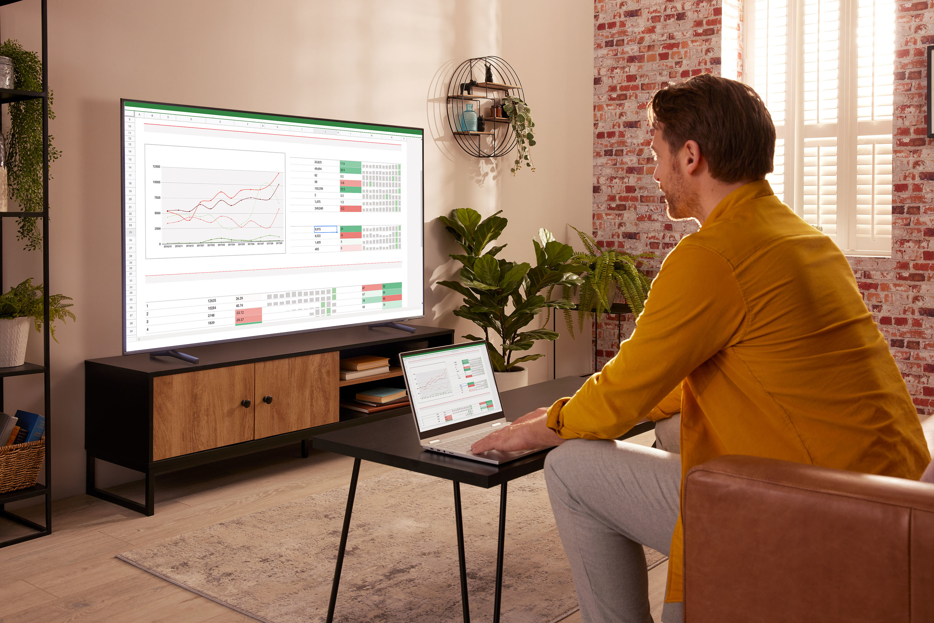 Uomo che lavora su laptop con grafici su grande TV, in soggiorno.