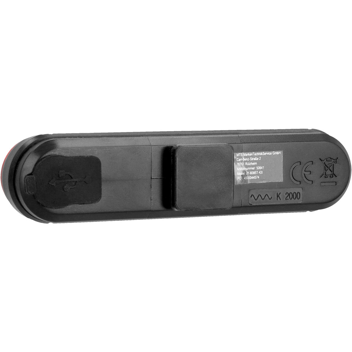 Schwarzes Fahrrad-Rücklicht. Das Rücklicht hat einen USB-Anschluss und ein Etikett.