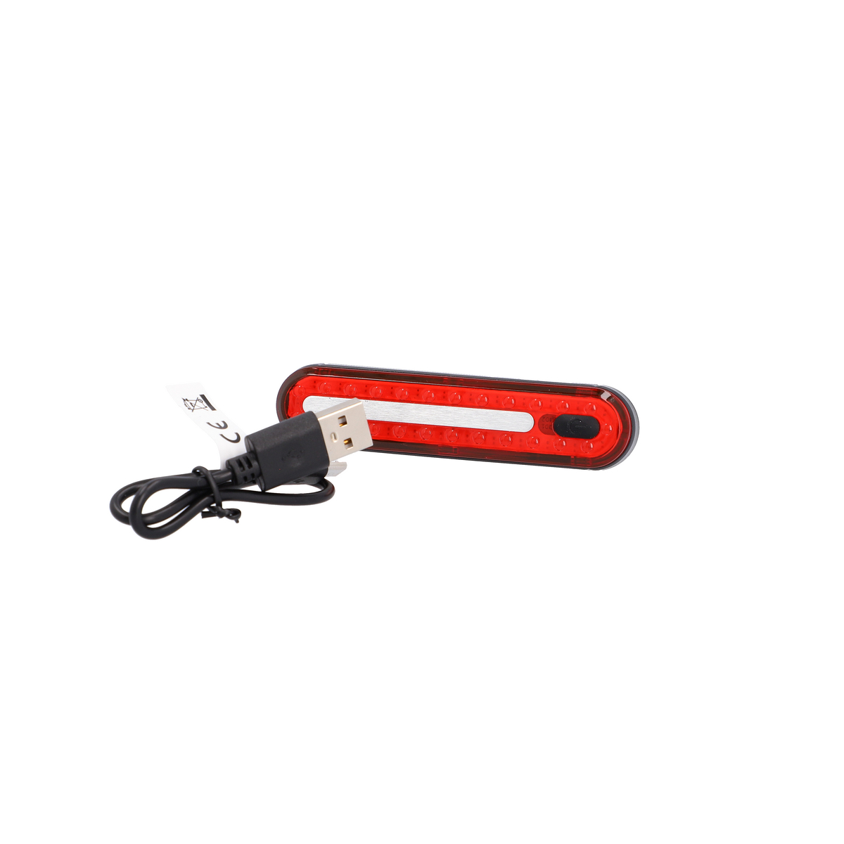 Rotes Fahrradlicht mit USB-Kabel. Weißer Hintergrund.