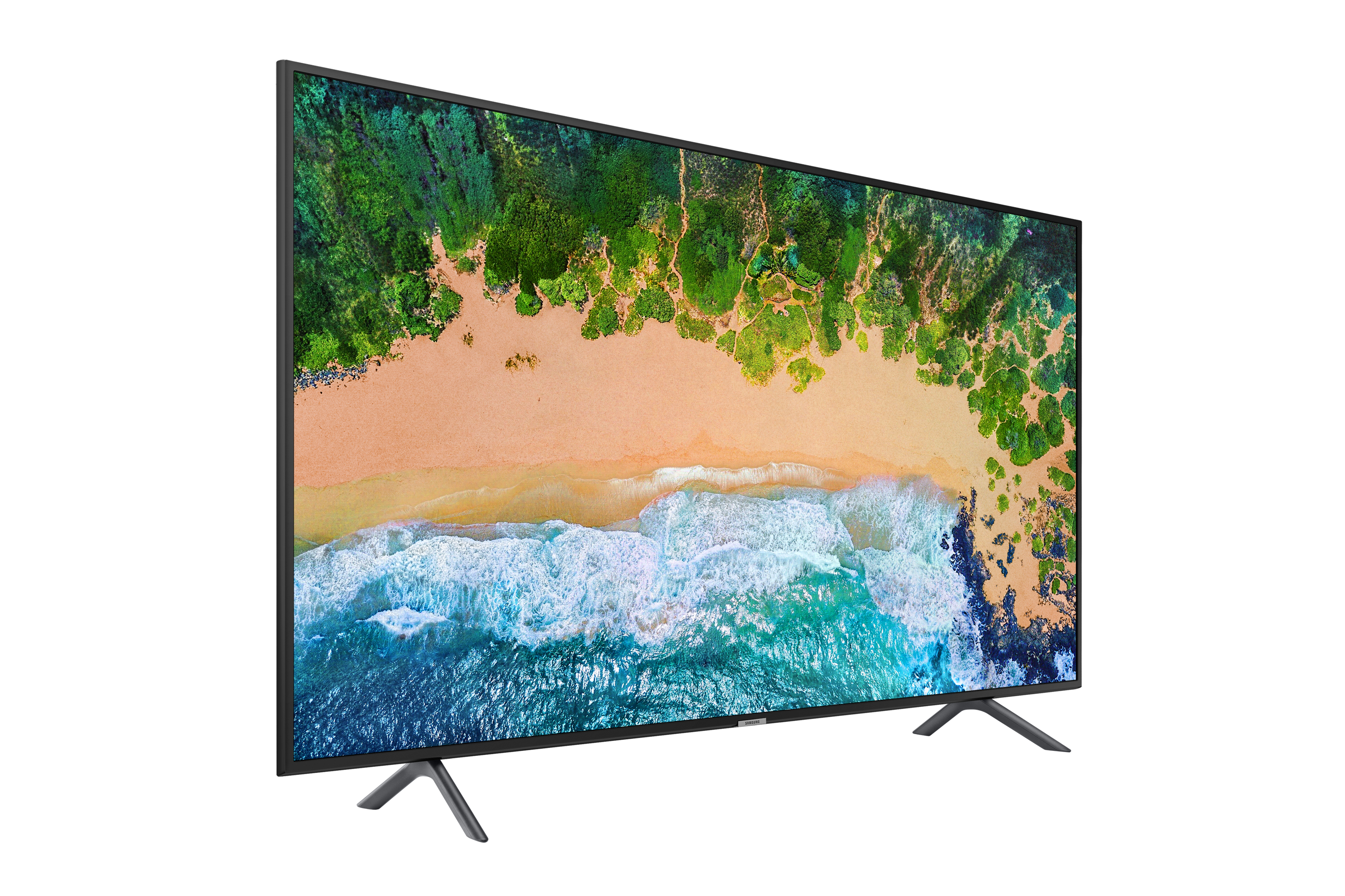 La TV mostra una scena di spiaggia e oceano. La TV è nera e ha due gambe.