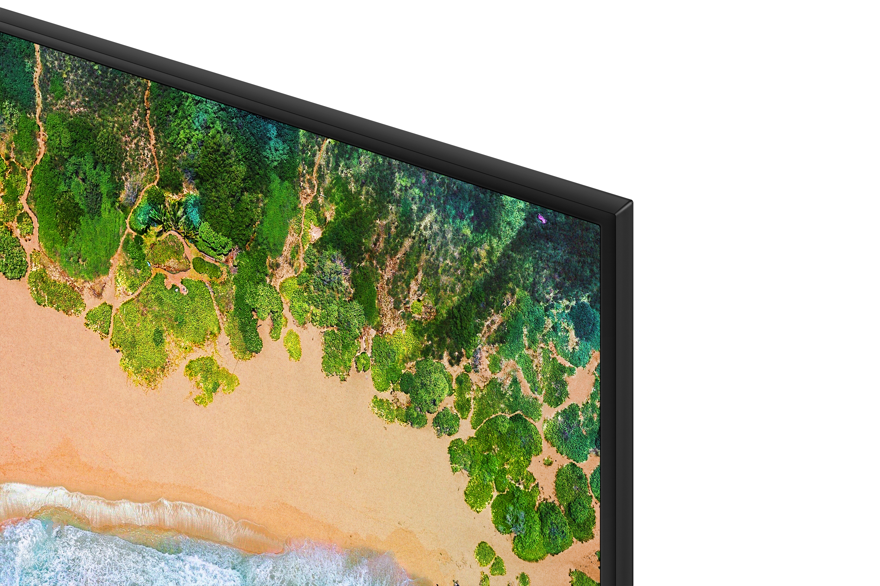 Primo piano del bordo dello schermo di una TV, che mostra una vivace scena di spiaggia, cornice nera.