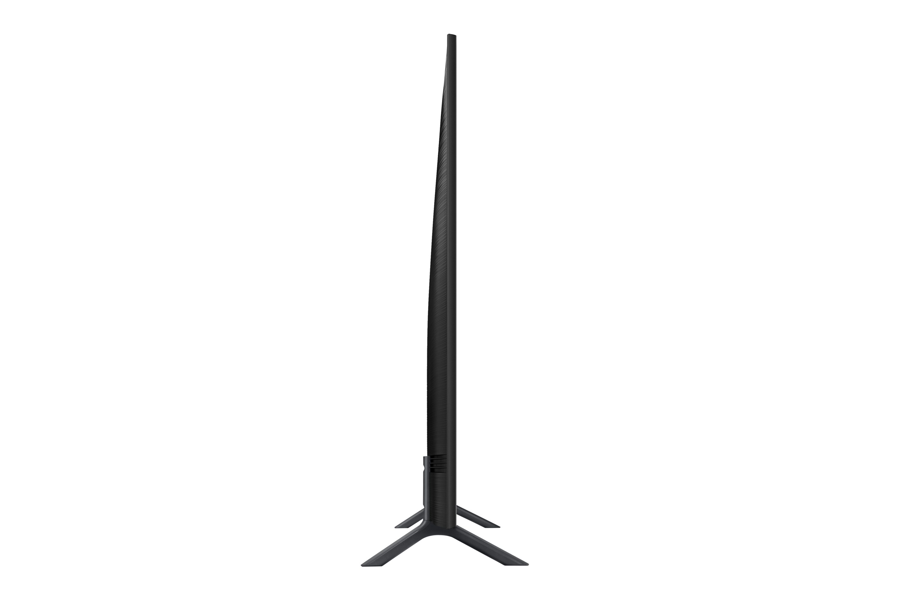 Vista laterale di una TV nera sottile su supporto nero, sfondo bianco.