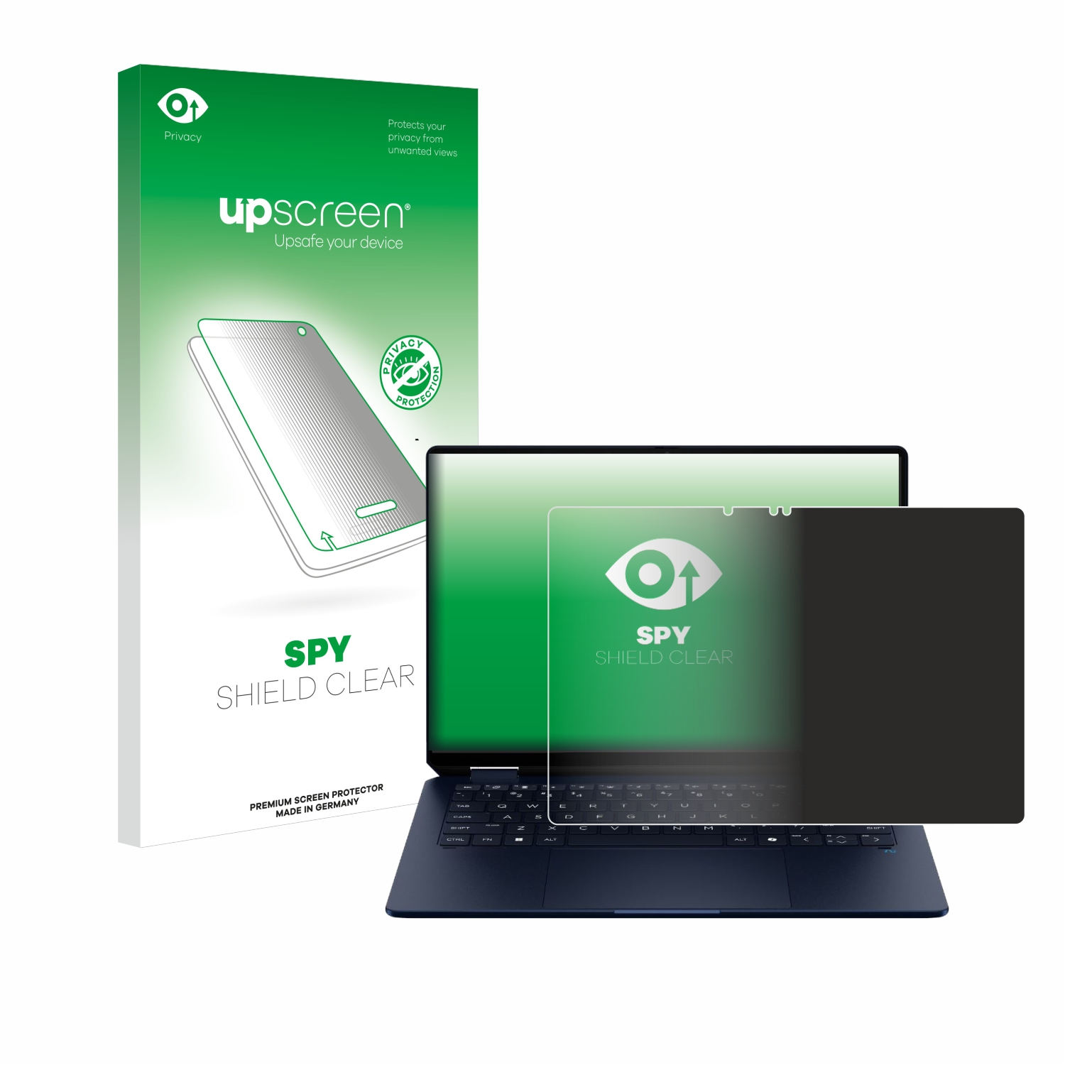 Ein Laptop mit einem Displayschutz. Auf der Displayschutzbox steht upscreen und Spy Shield Clear.