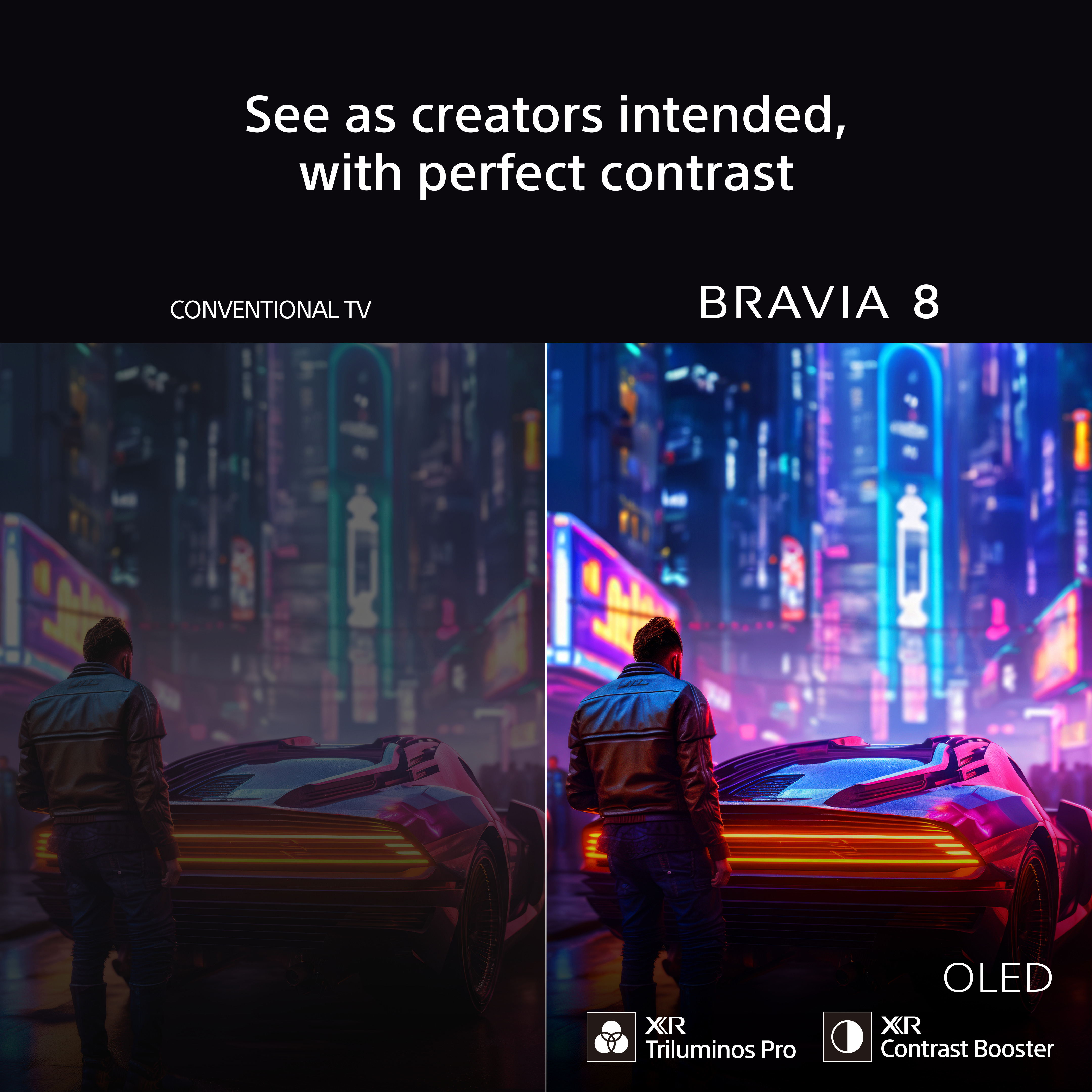 Porównanie obok siebie TV pokazującego miasto nocą, z konwencjonalnymi i OLED wyświetlaczami.