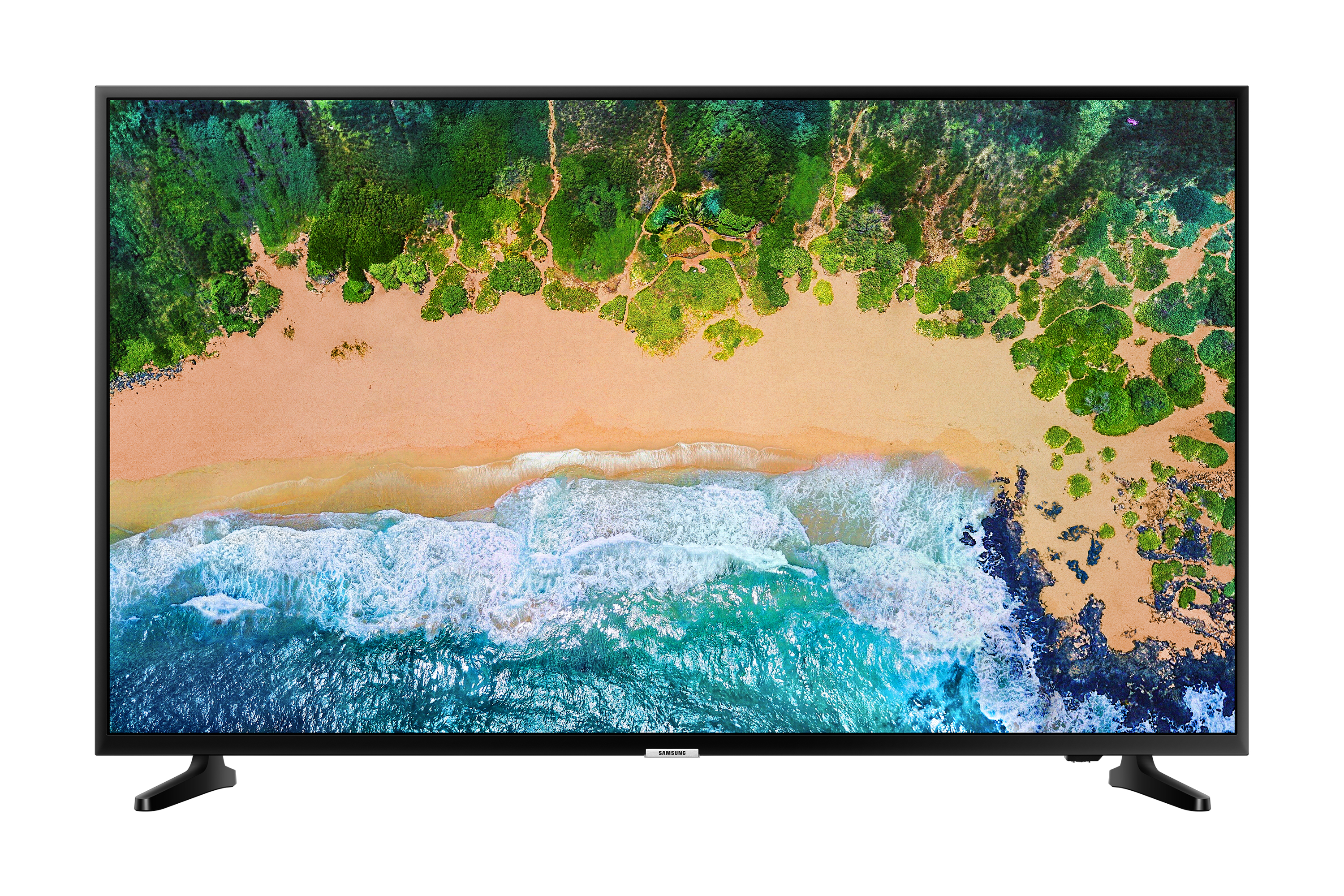 Un televisore Samsung mostra una scena di spiaggia con le onde. Il televisore ha gambe e cornice nere.