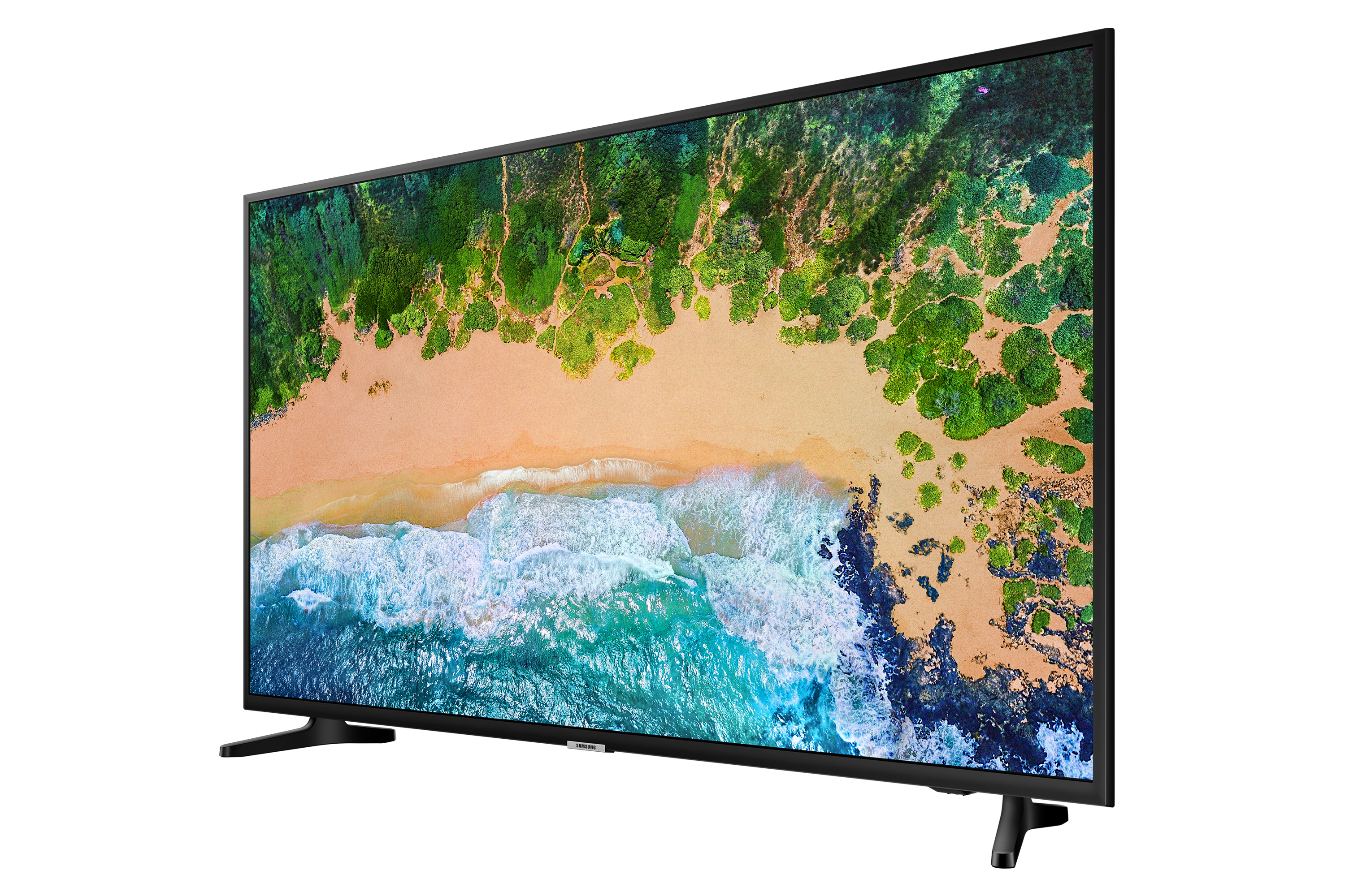 Un TV Samsung mostra una scena di spiaggia con acqua blu e spiaggia sabbiosa.
