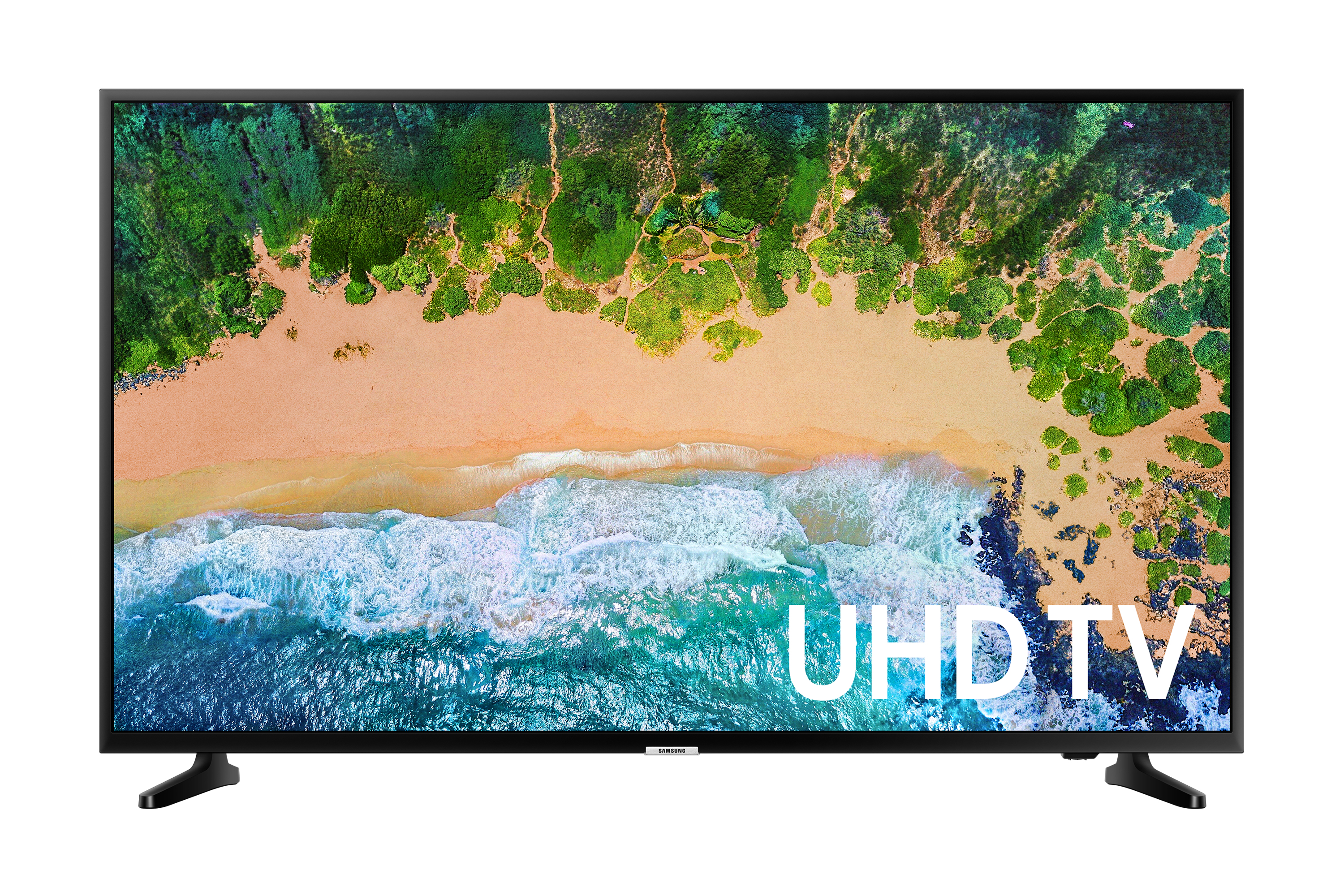 TV UHD che mostra una scena di spiaggia. L'oceano è blu e la sabbia è color sabbia.