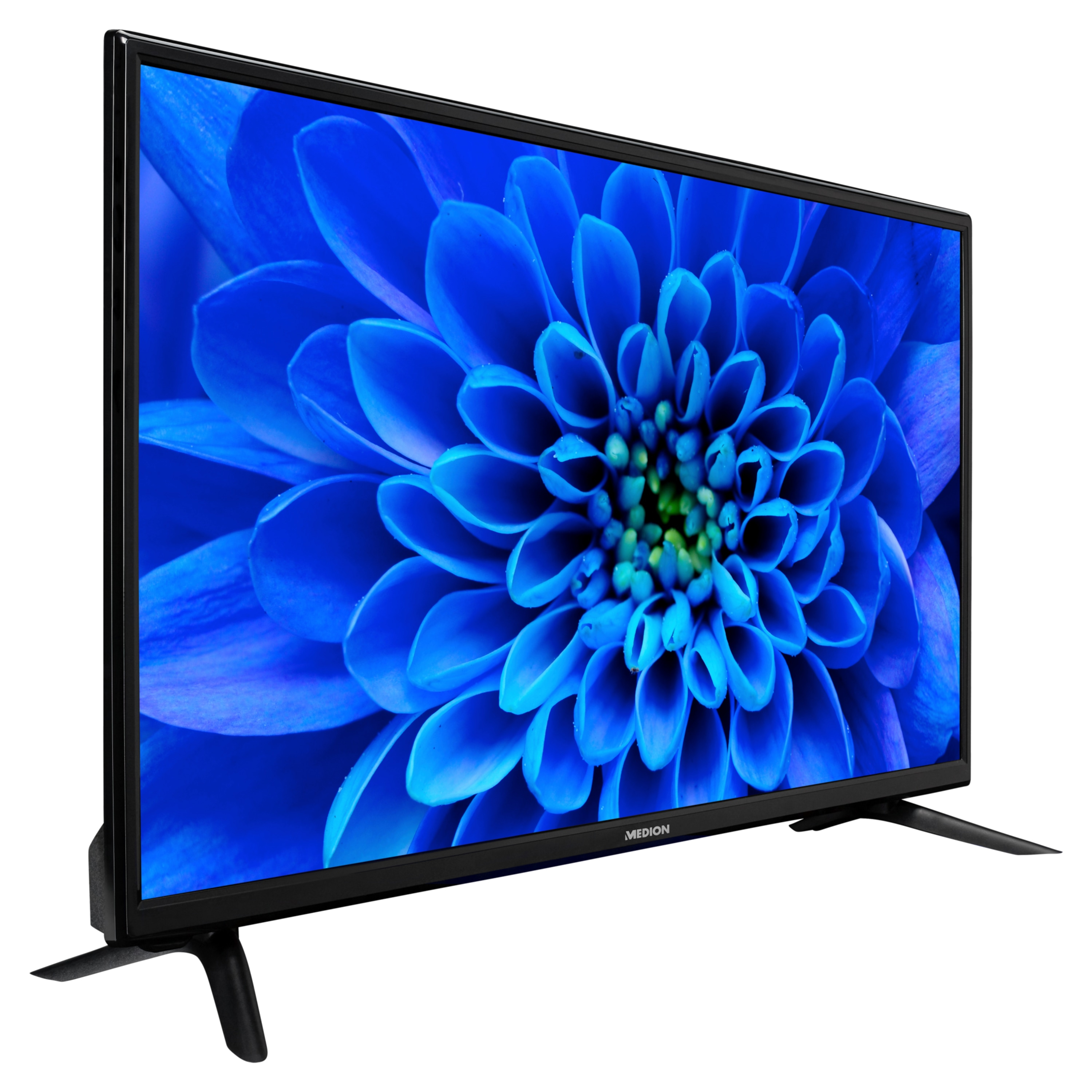 Telewizor wyświetla zbliżenie niebieskiego kwiatu. Telewizor ma czarną ramę i stoi na białym tle.