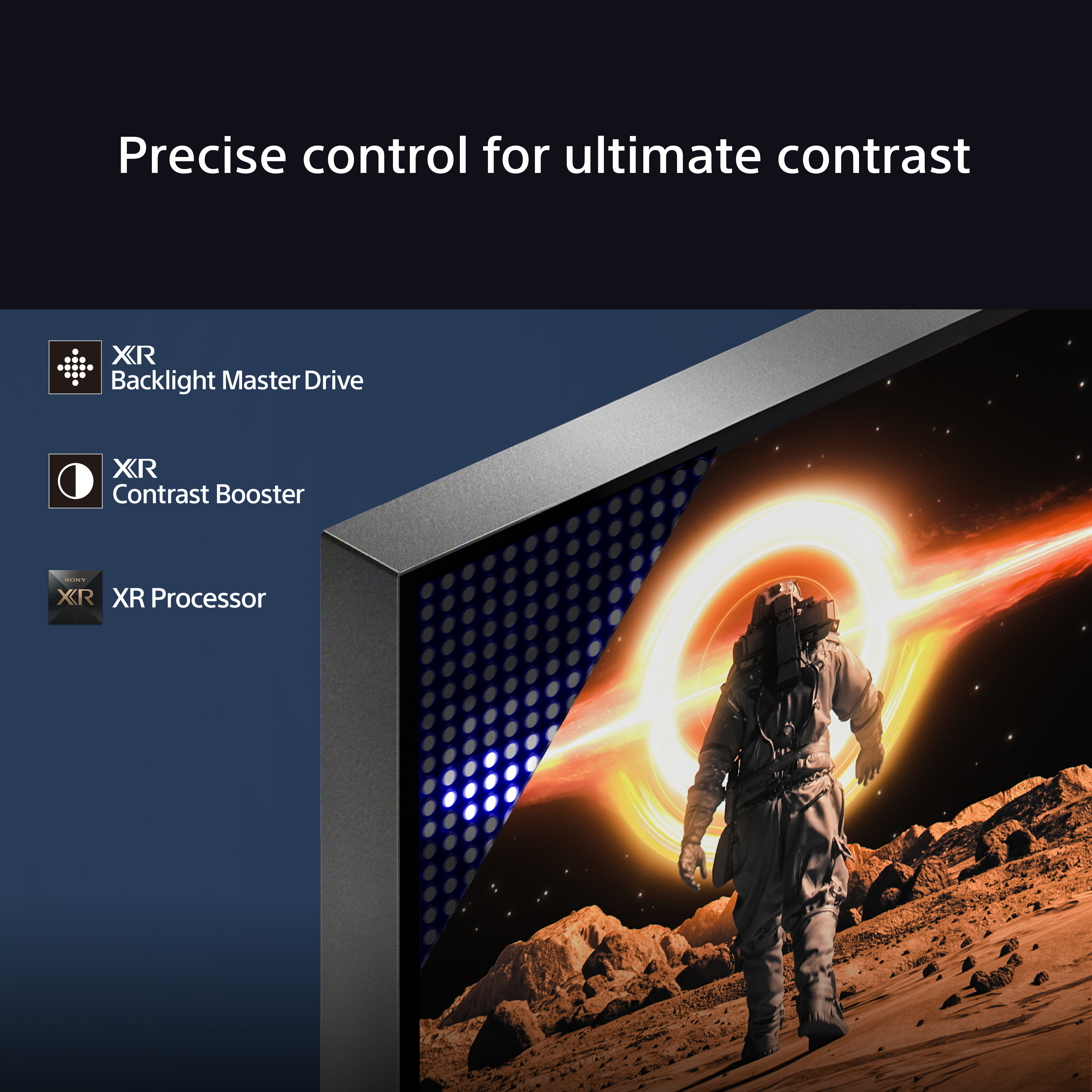 Astronaute marchant vers un soleil ardent. Le texte inclut 'Precise control', 'XR'.