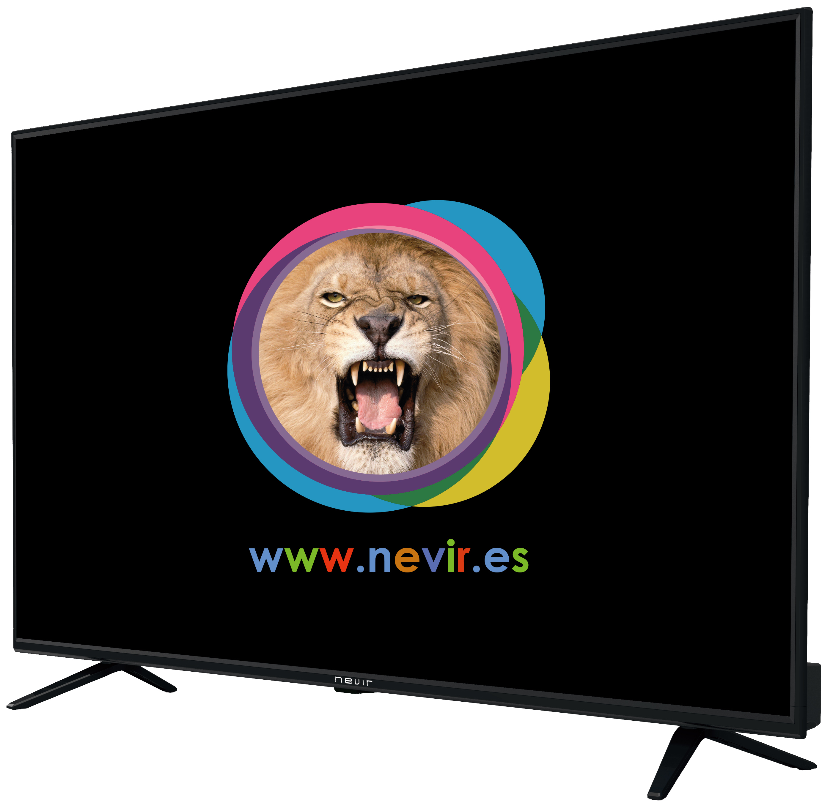 Un televisor negro muestra la cara de un león dentro de círculos coloridos, con el sitio web www.nevir.es.