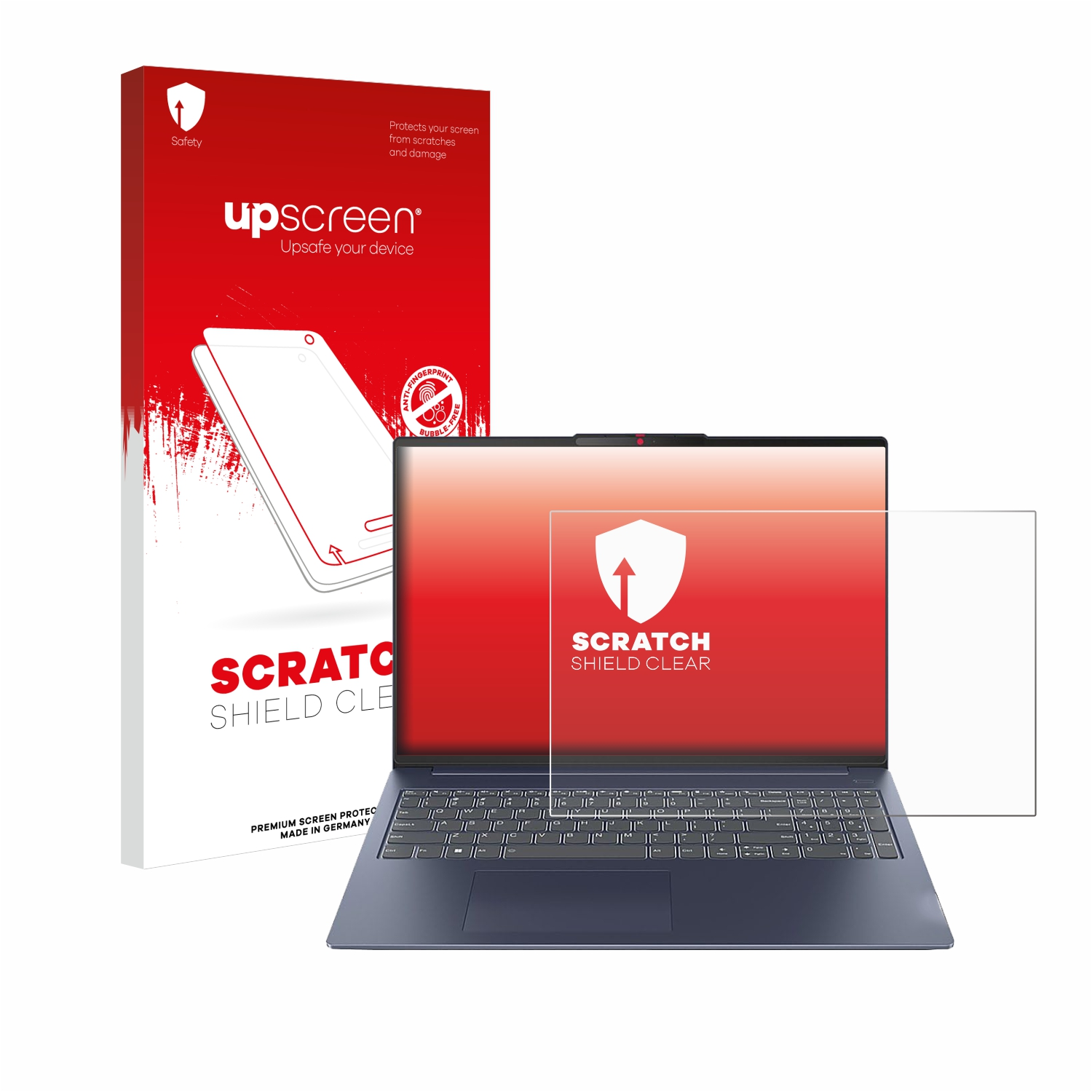 Laptop-Displayschutz, mit einem Laptop rechts und einer Box links, weißer Hintergrund.