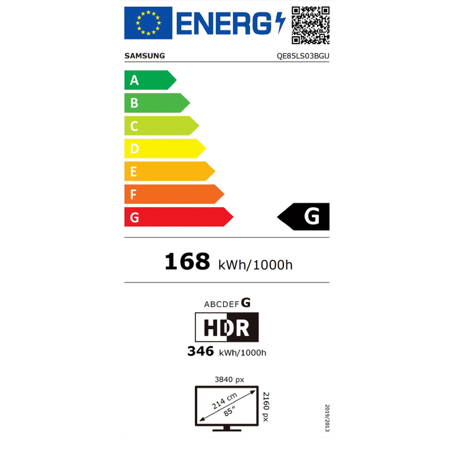 Energielabel für einen Samsung-Fernseher, Details zu Energieeffizienz, Verbrauch und Größe.
