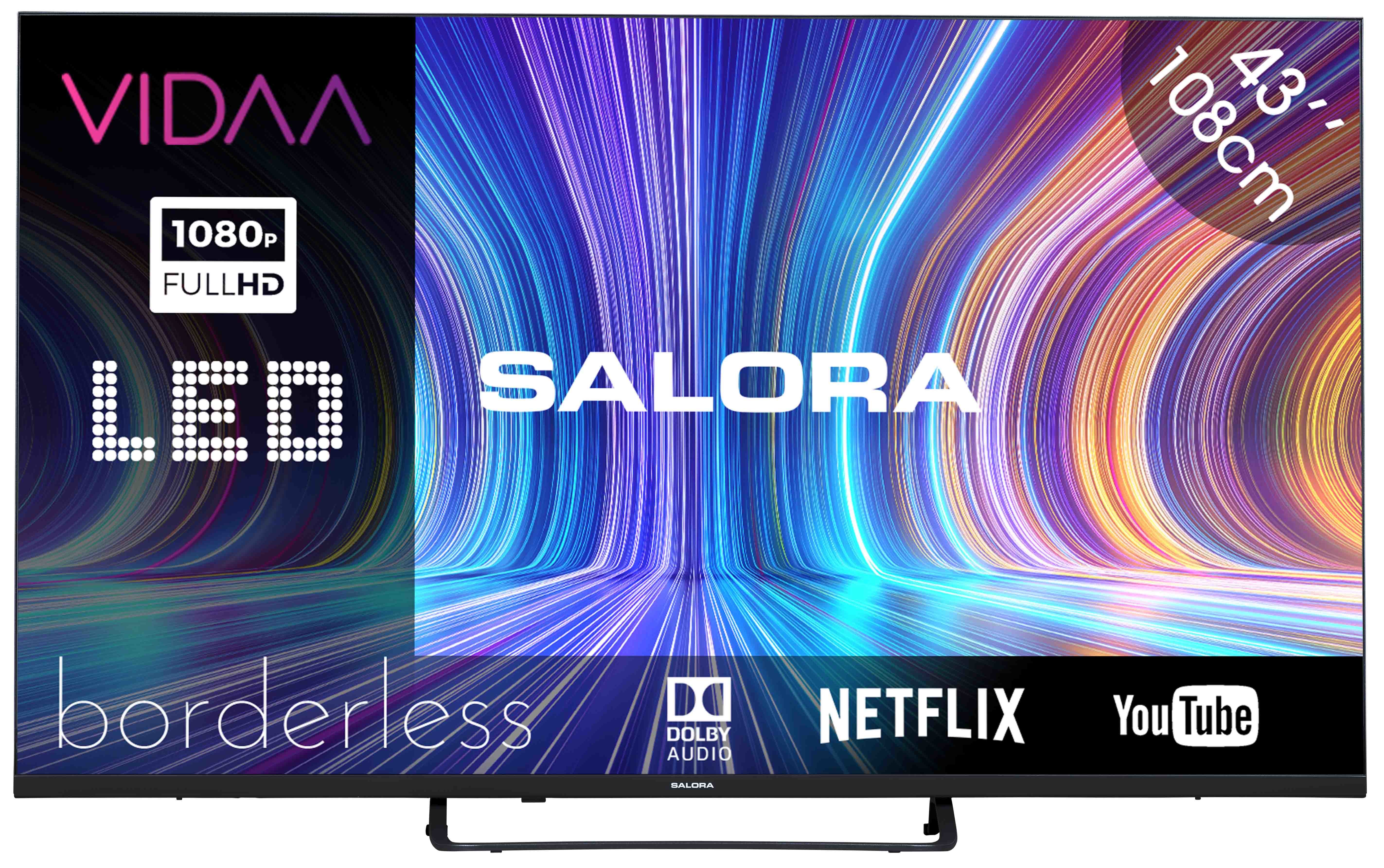 Uno schermo TV Salora mostra un'immagine vibrante con le parole LED, borderless e Netflix.