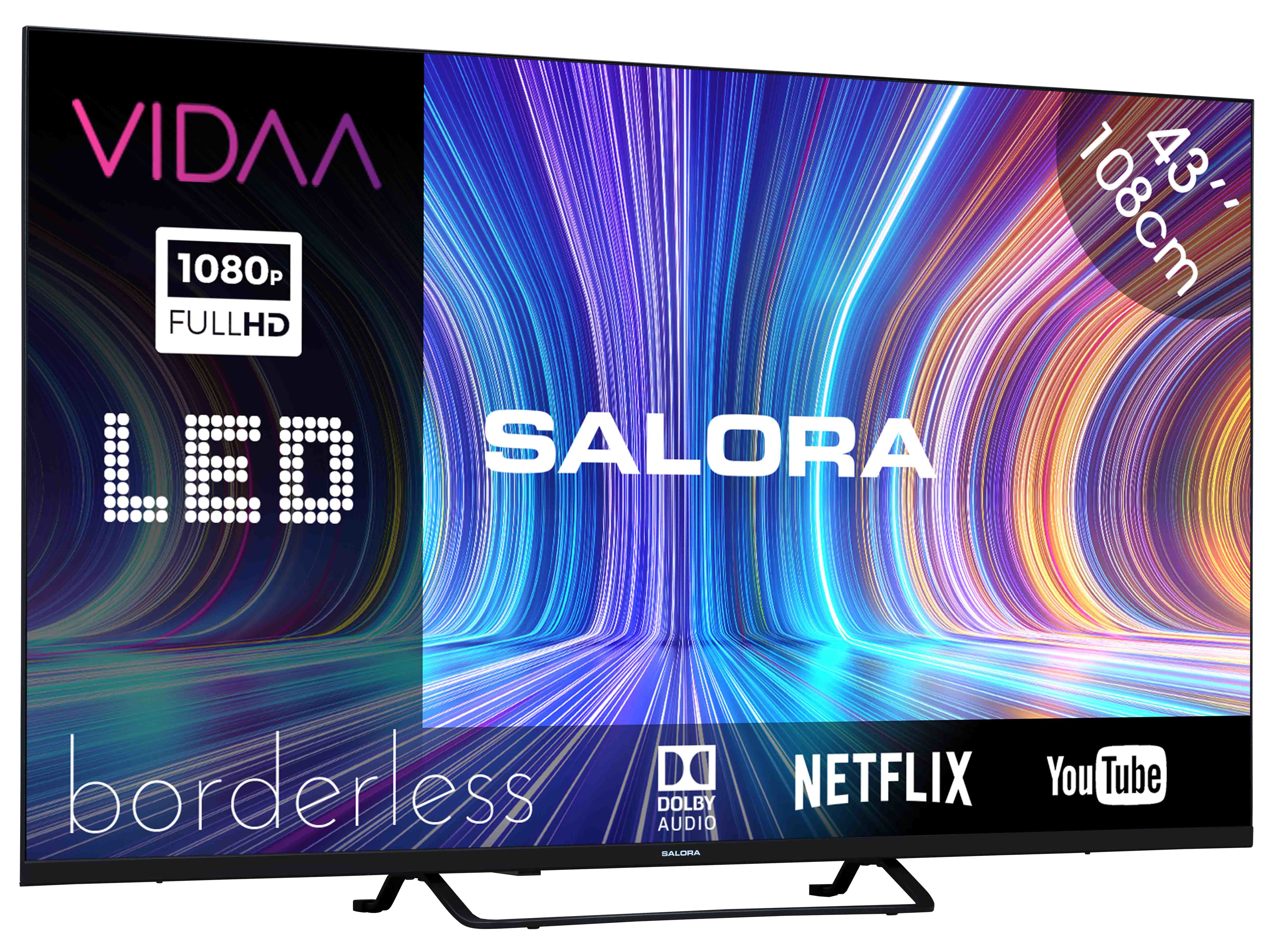 TV Salora con display colorato e le parole 'VIDAA', '1080p' e 'borderless'.
