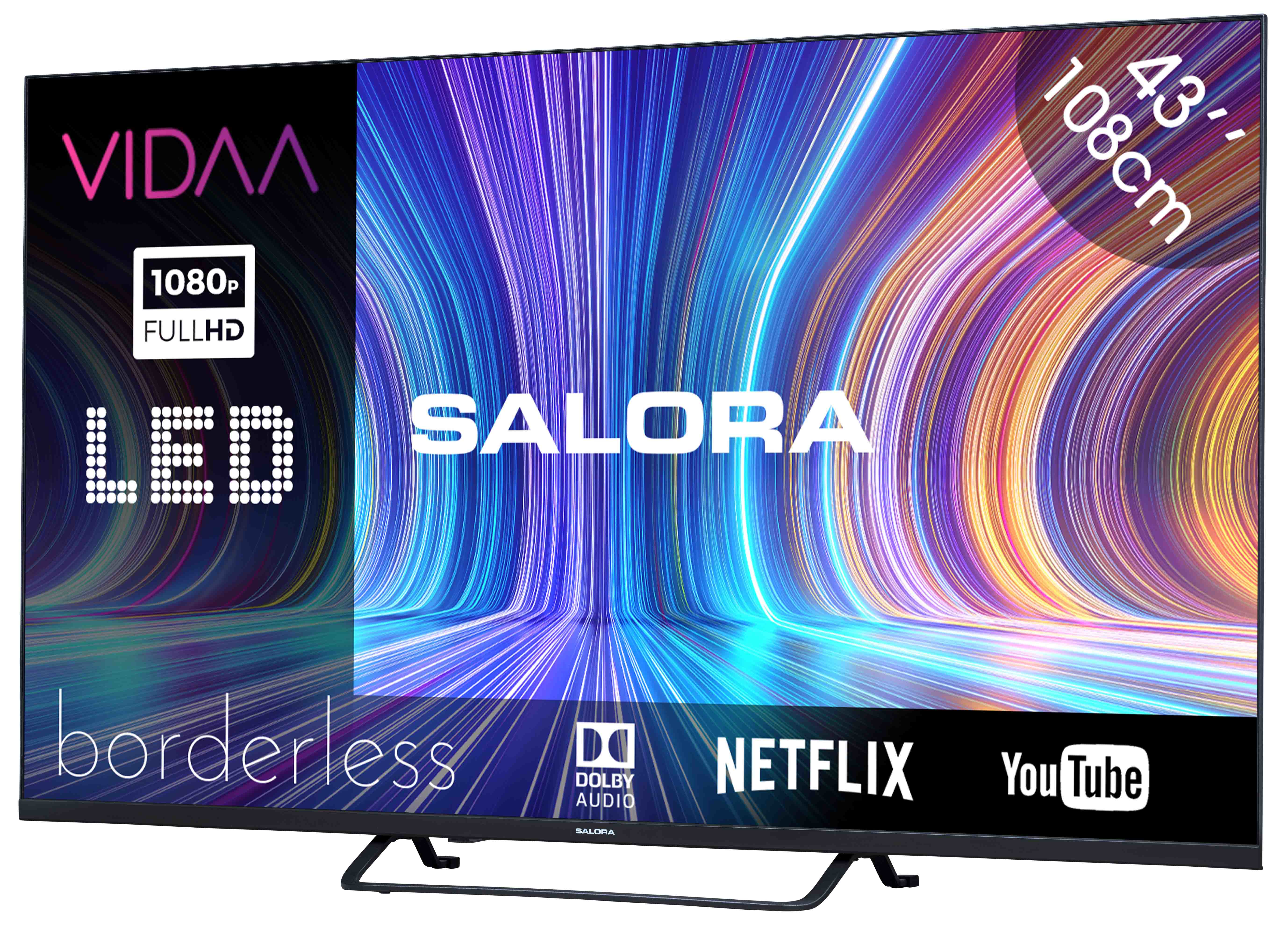 TV Salora nero con sfondo astratto colorato, LED, e loghi Netflix e YouTube.