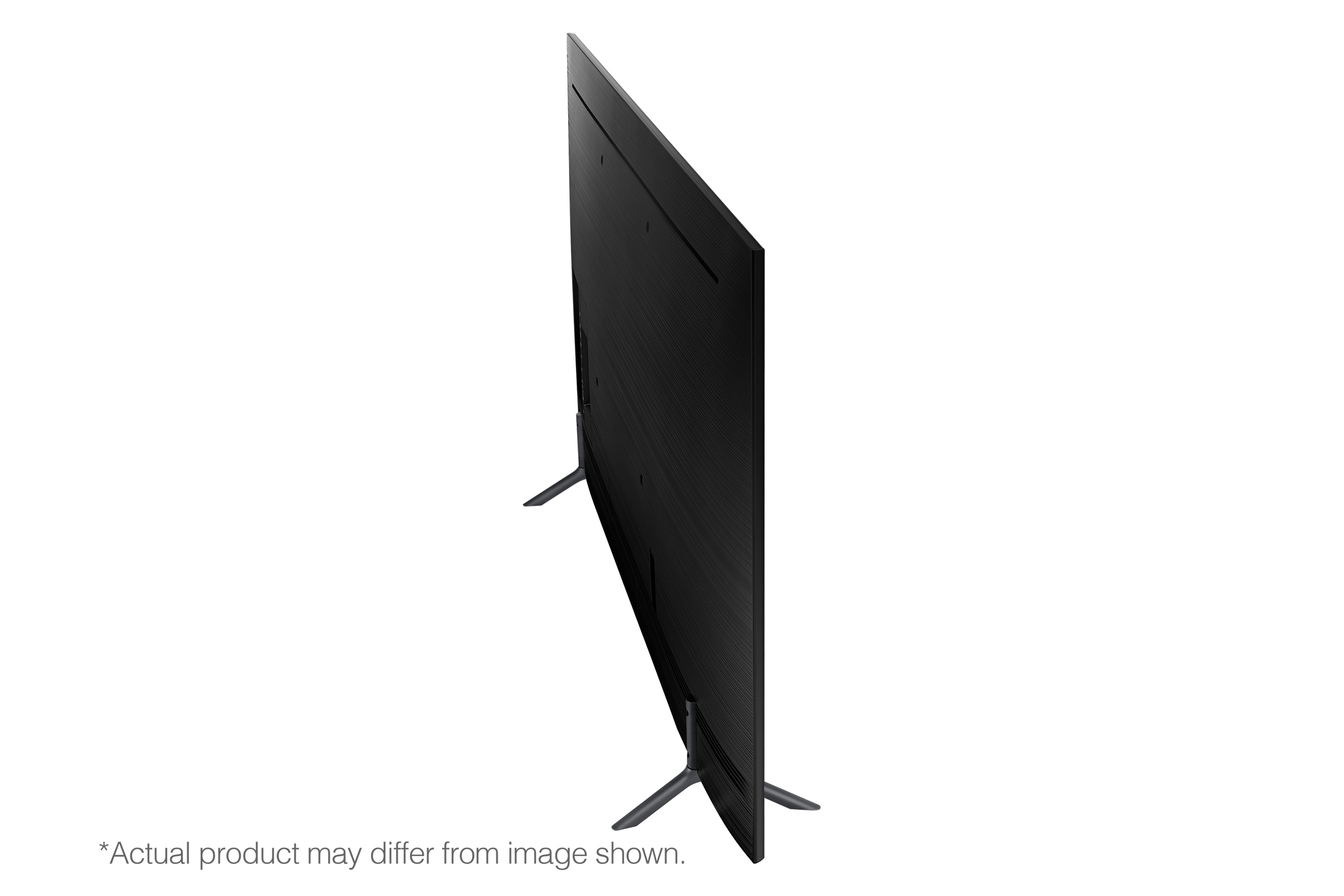 Una vista laterale angolata di una TV nera con due gambe su sfondo bianco. Design moderno.