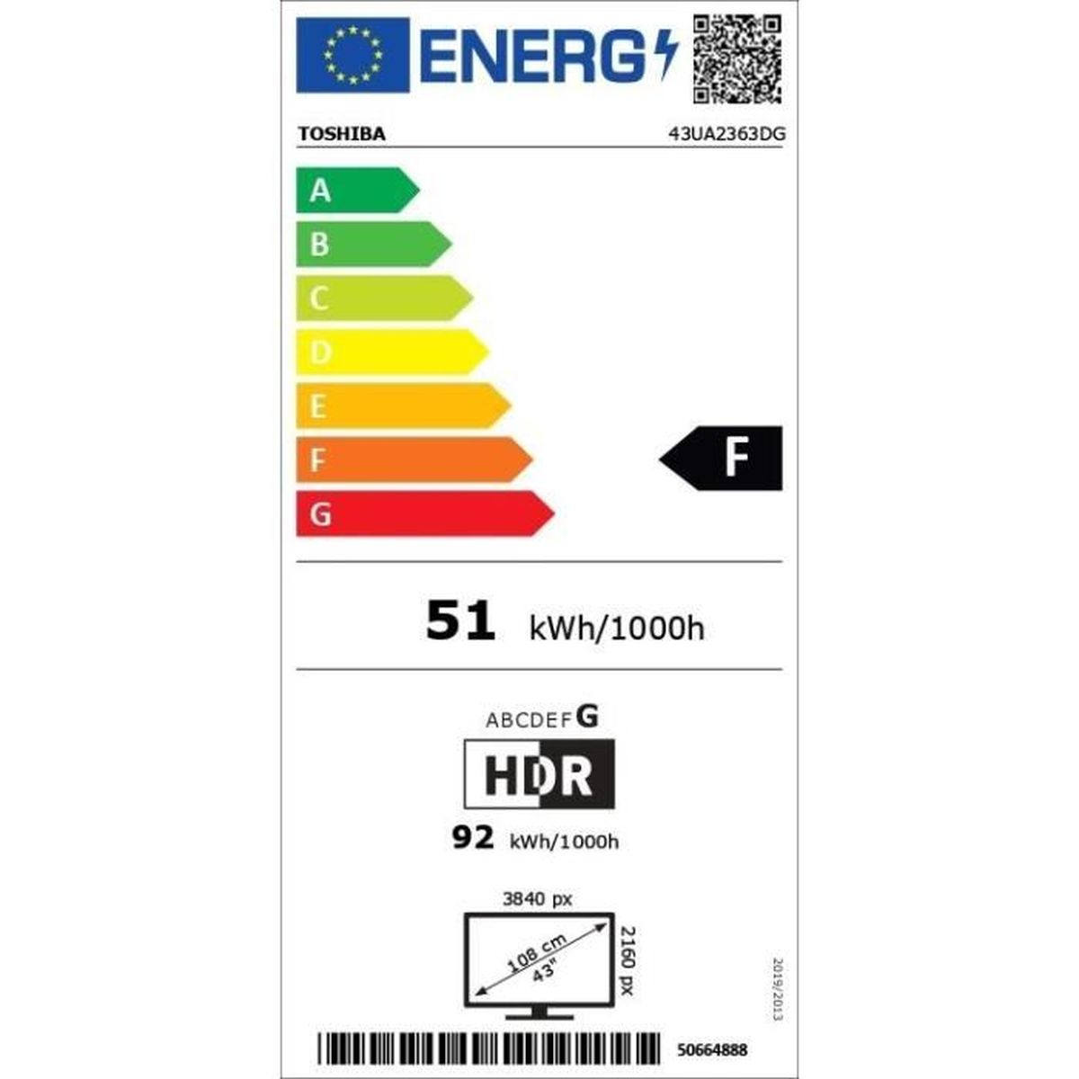 Etykieta energetyczna dla telewizora Toshiba. Ma klasę energetyczną 'F', pokazuje 51 kWh/1000h i HDR.