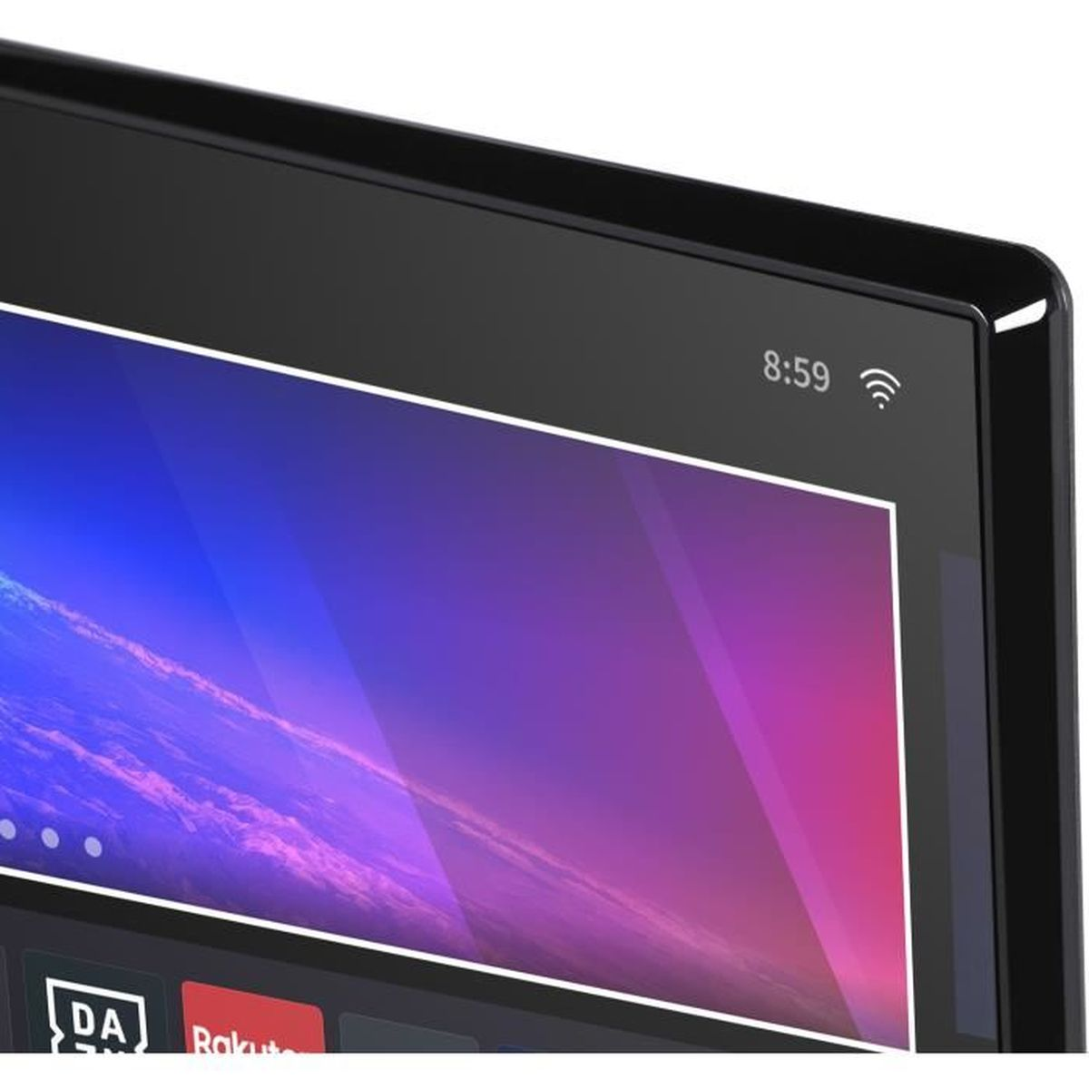 Zbliżenie ekranu telewizora z gradientem, czasem i symbolem Wi-Fi.