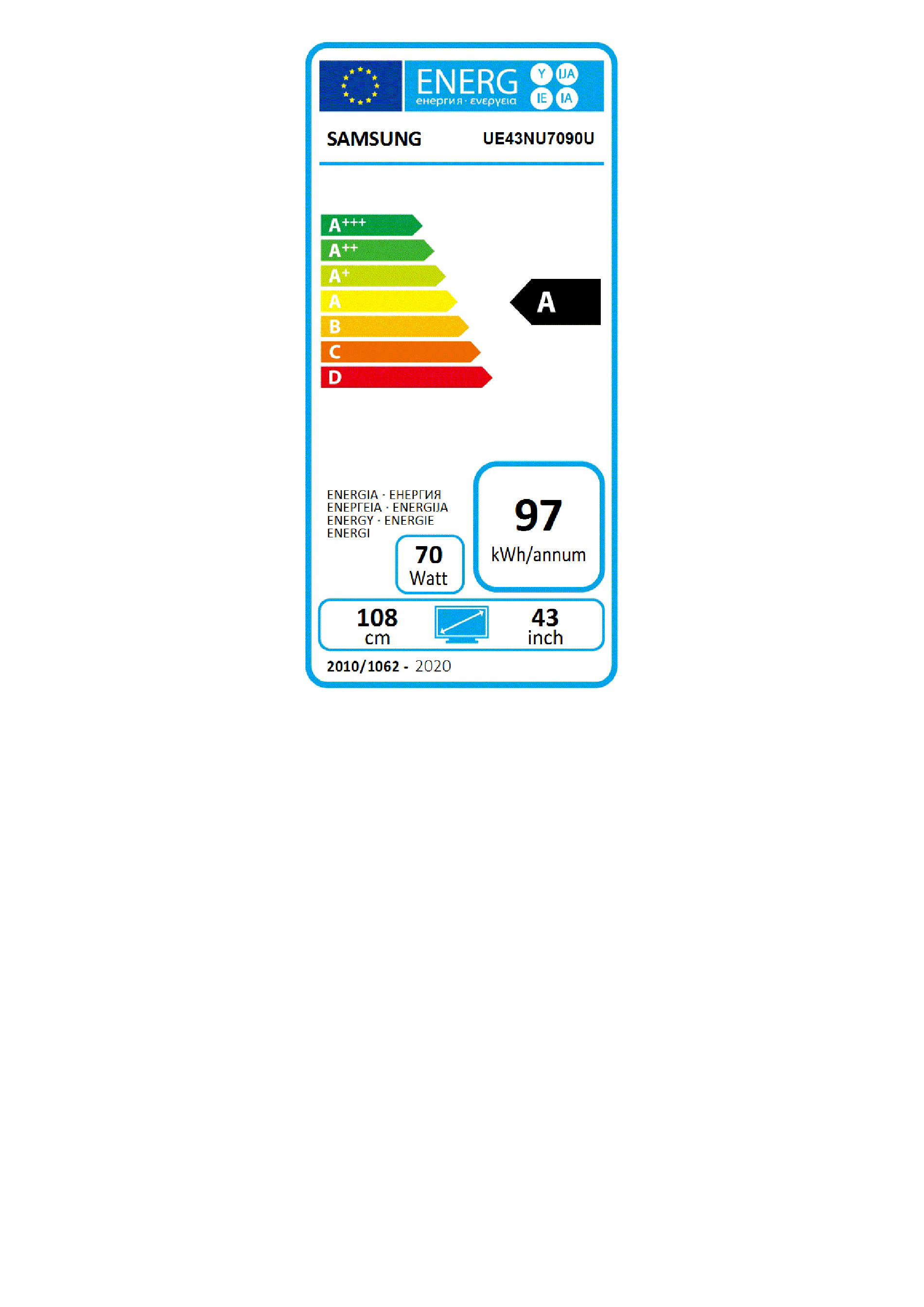 Etichetta energetica TV Samsung, classe A, 43 pollici, 70 Watt, 97 kWh/anno.