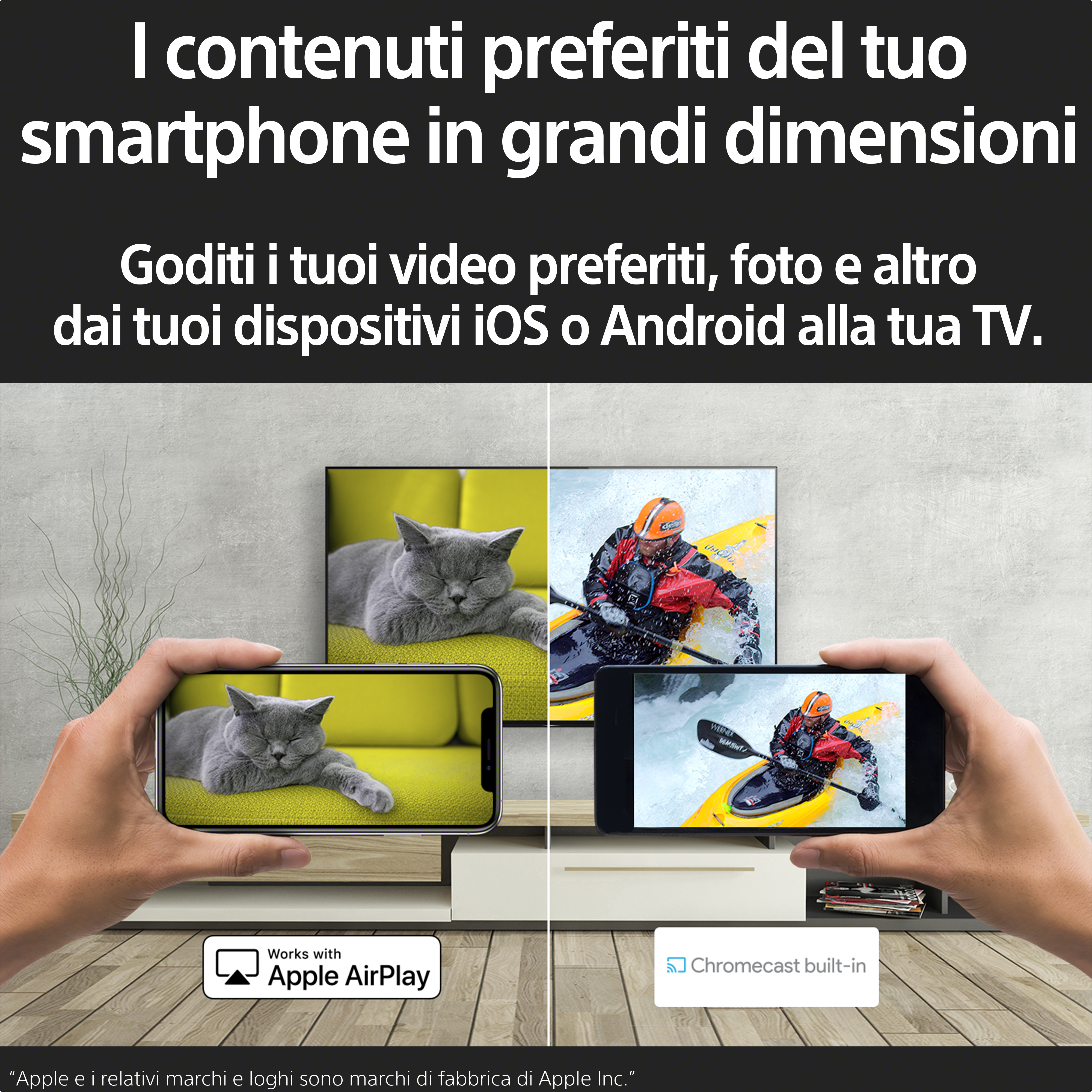 Immagine che mostra come condividere contenuti da un telefono a uno schermo TV, utilizzando Apple Airplay e Chromecast.