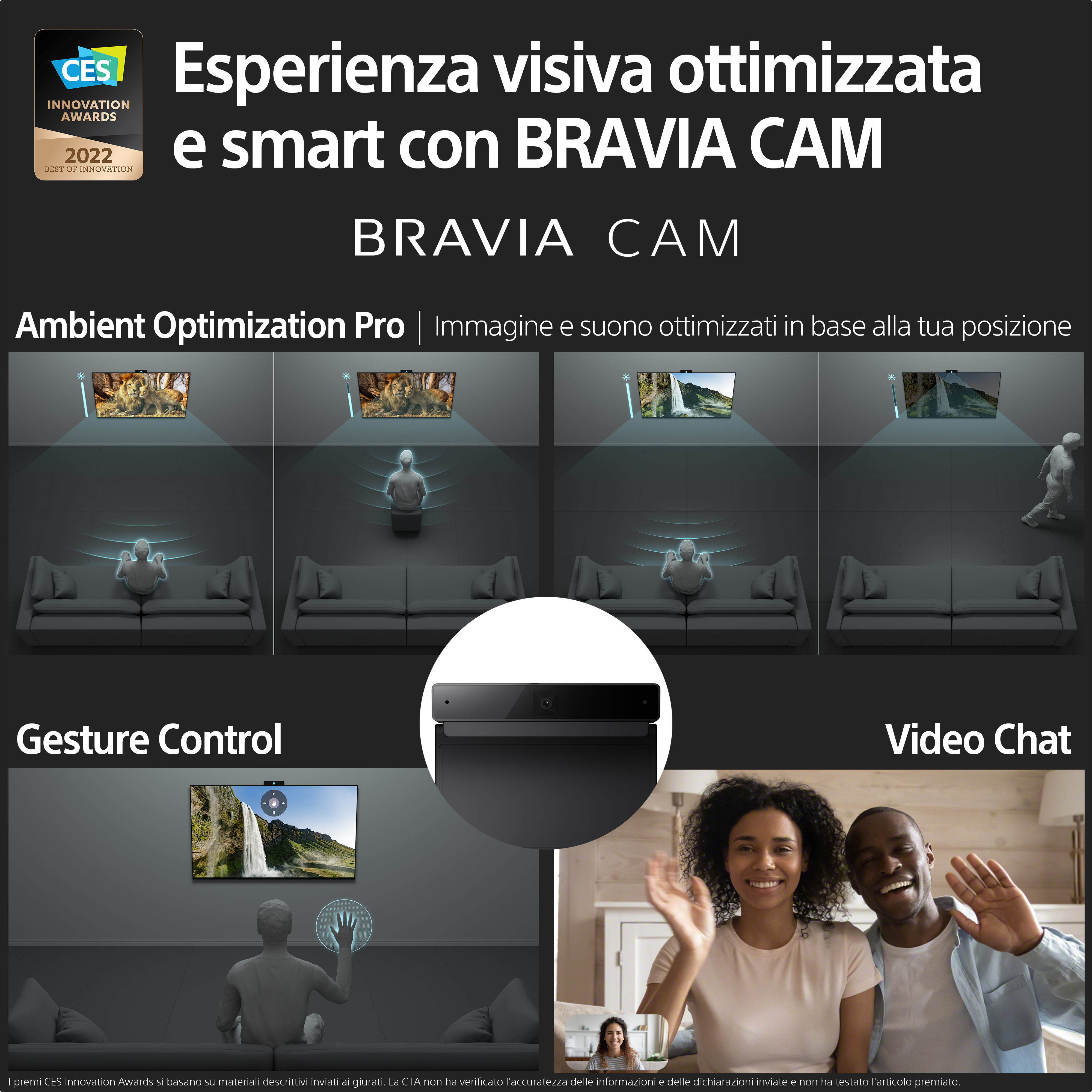Una pubblicità mostra uno schermo TV con una fotocamera per immagini migliorate e una scena di videochat.