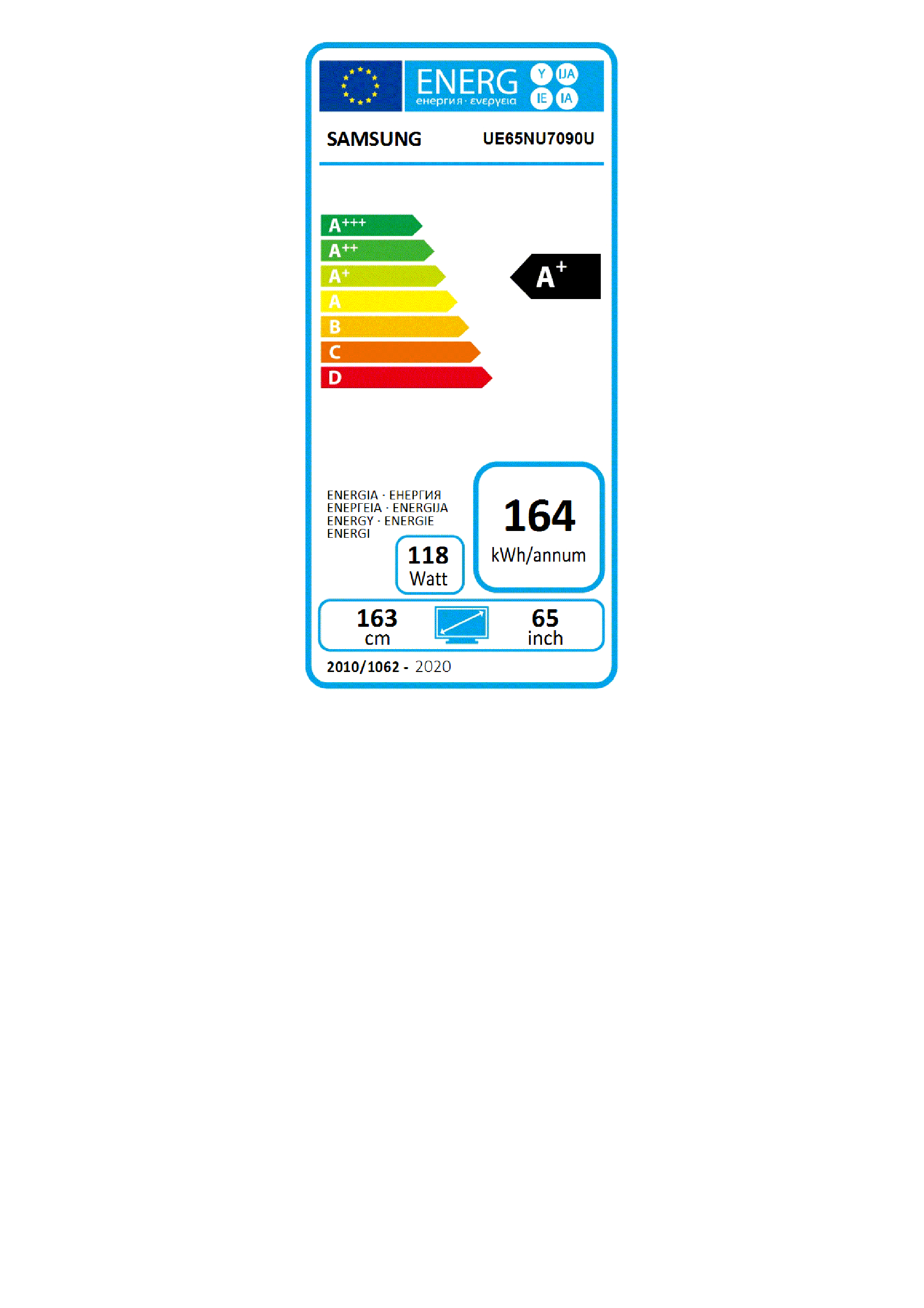 Etichetta energetica per un televisore Samsung, che mostra informazioni sull'efficienza energetica e dettagli sul modello.