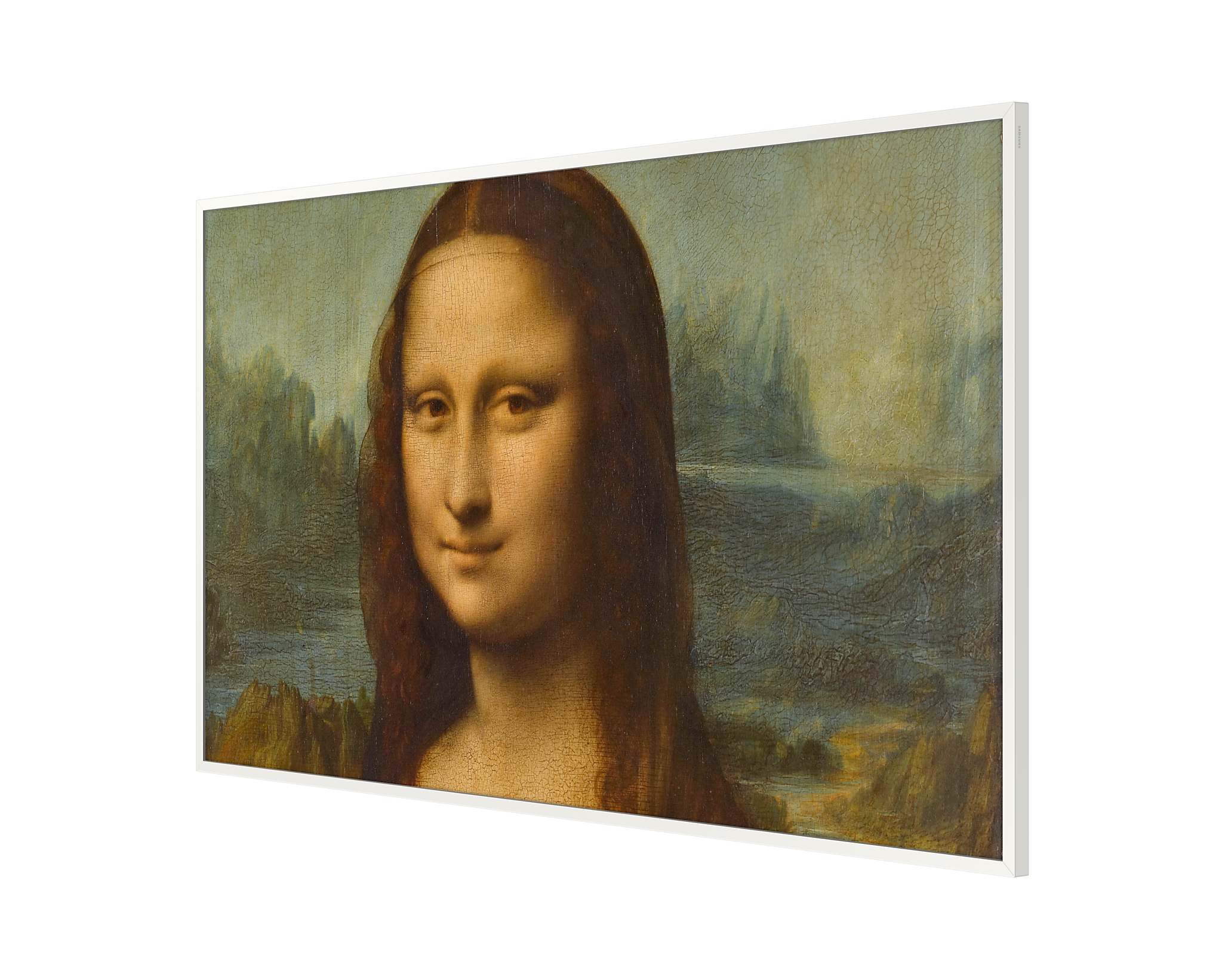 TV-Bildschirm zeigt das Gemälde Mona Lisa, in einem weißen Rahmen, auf weißem Hintergrund.