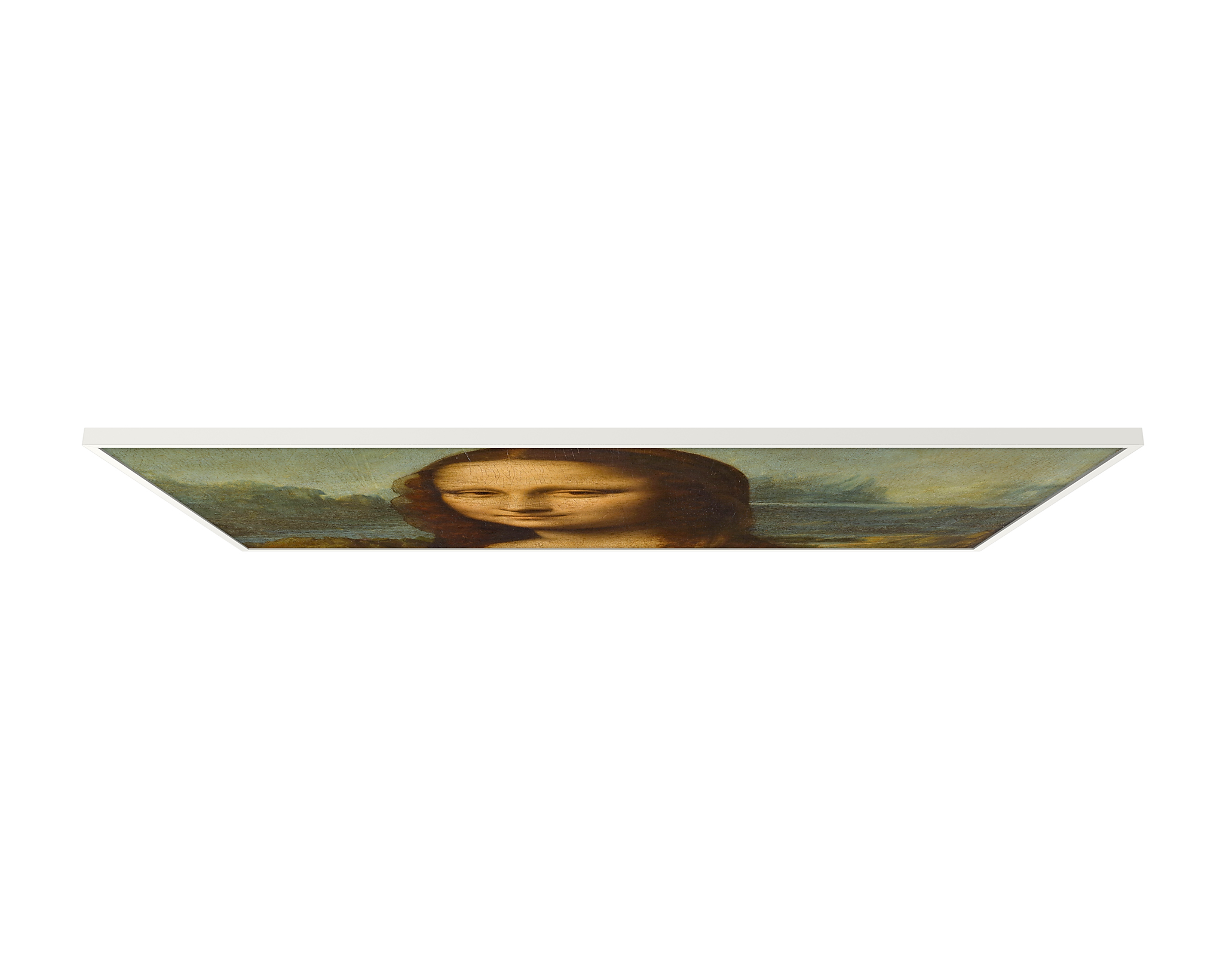 Mona Lisa Porträtgemälde auf einem Fernsehbildschirm, angewinkelt, weißer Hintergrund.