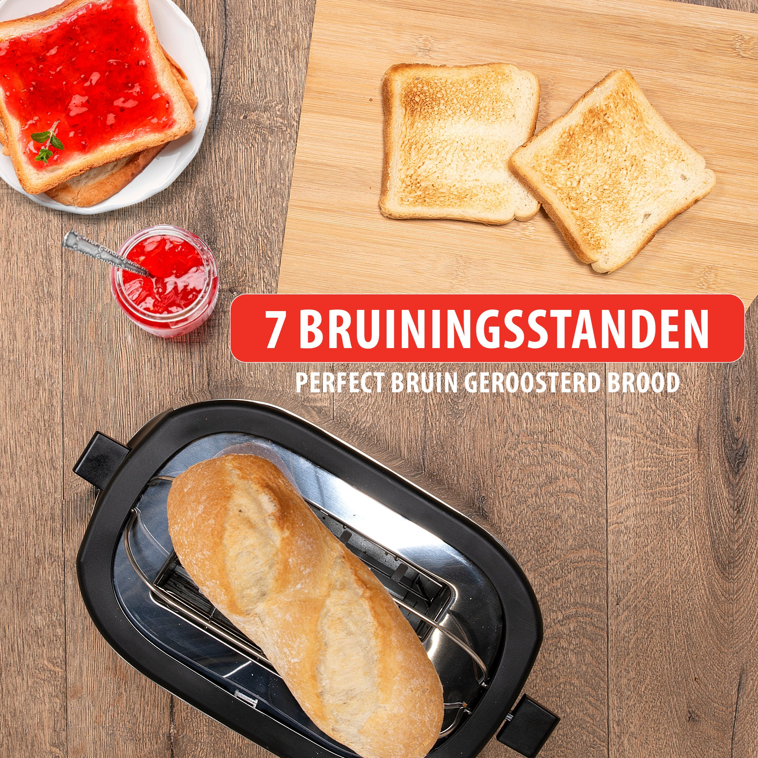 Toaster with a baguette and two slices of toast with jam on a wooden surface.