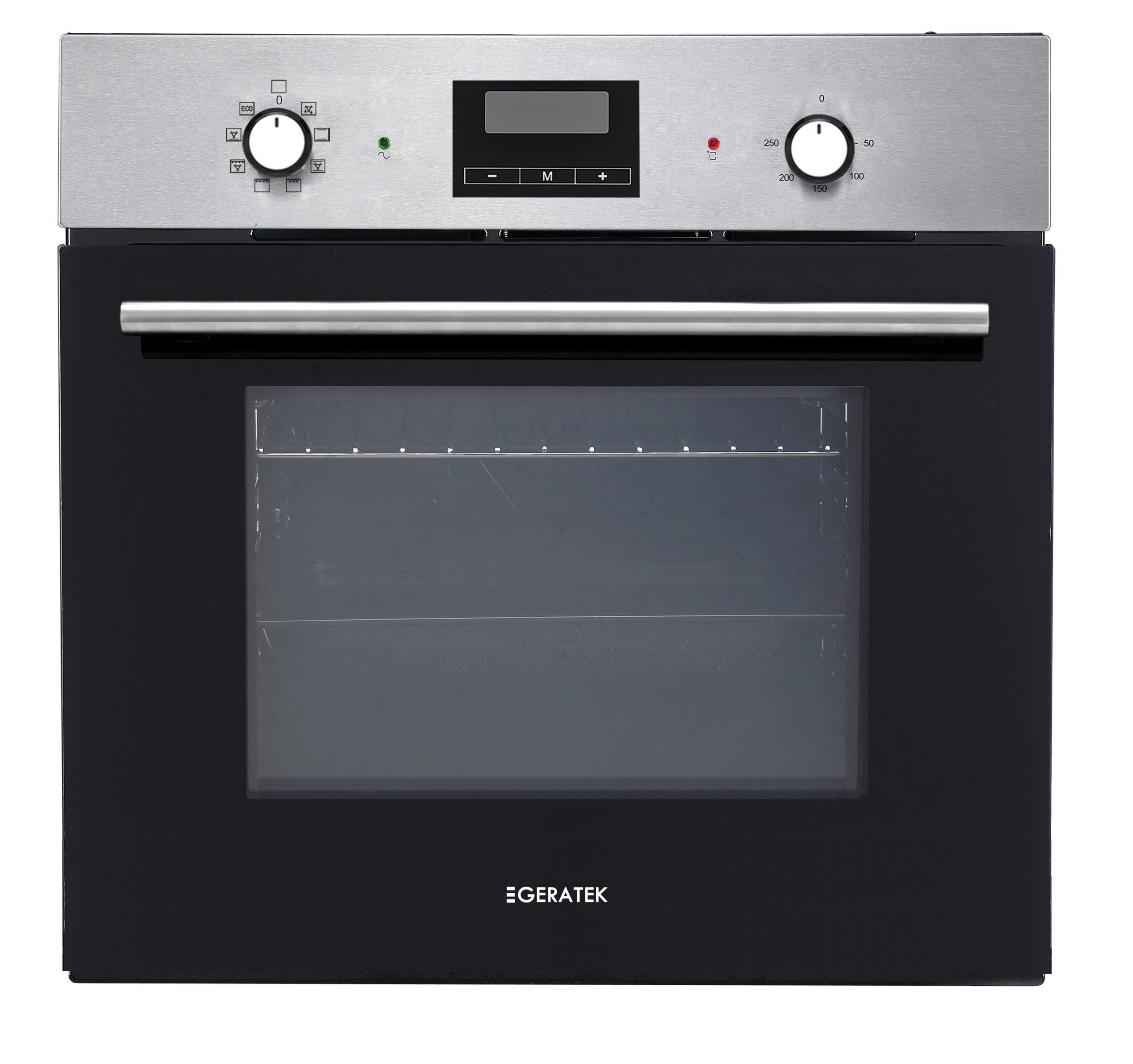 Ein Backofen mit schwarzer Tür und Edelstahl-Bedienfeld oben.