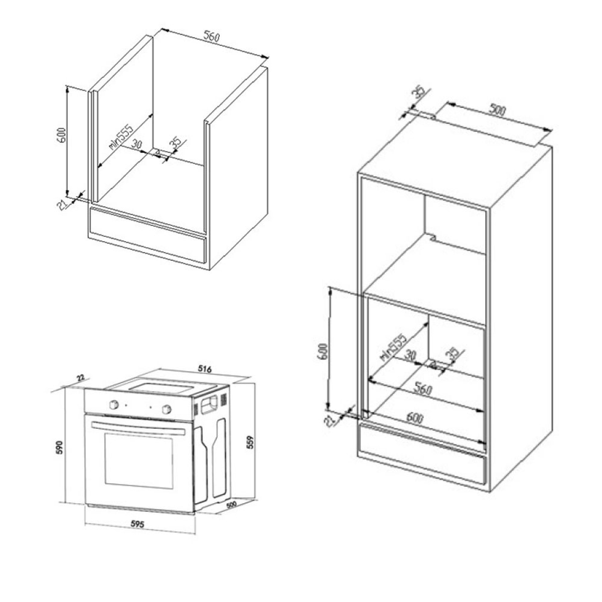 Technische Diagramme eines Einbauofens und dessen Einbauraum, mit Maßen.
