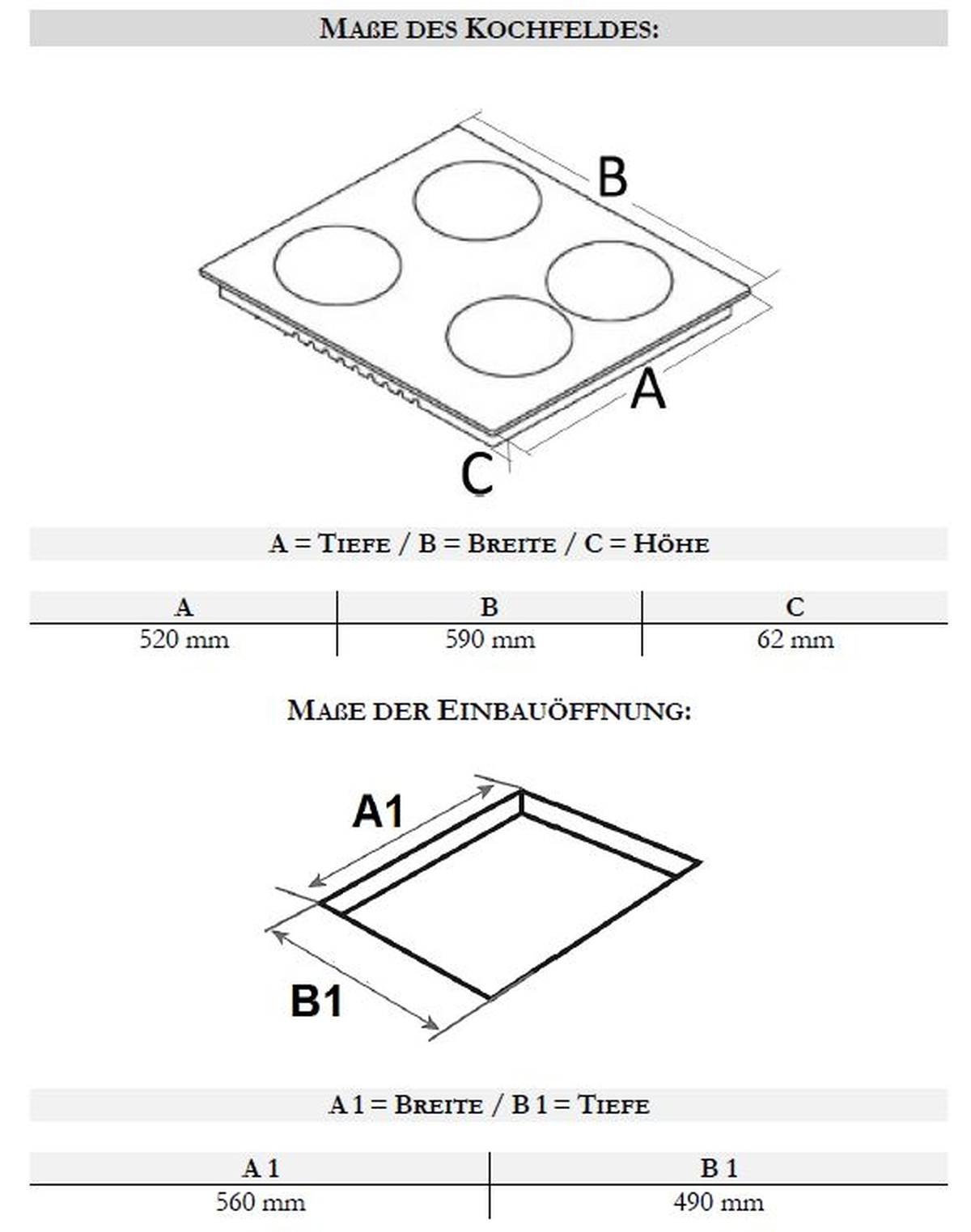 Diagramm eines Kochfelds mit Abmessungen. Vier kreisförmige Brenner sind sichtbar.