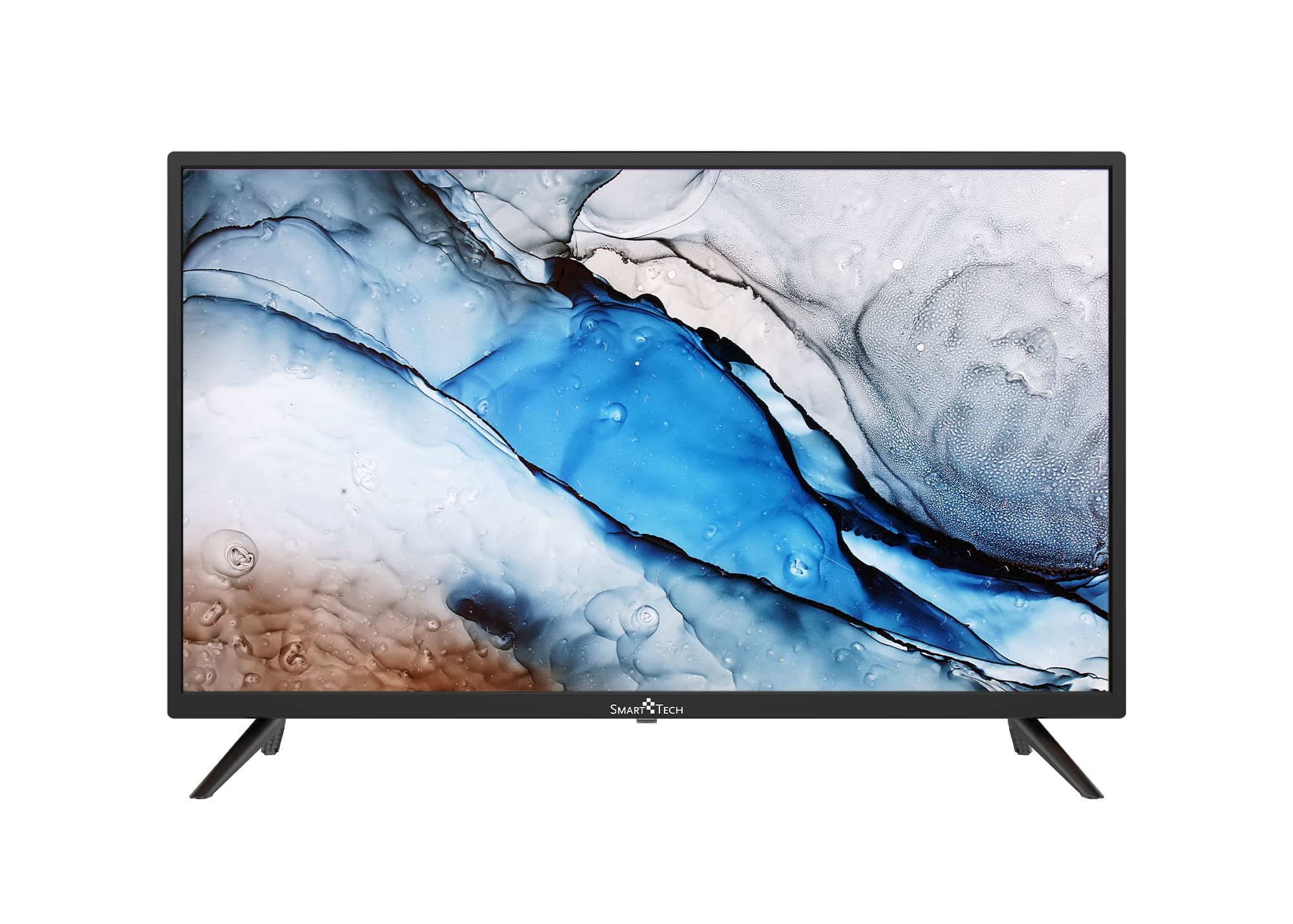 TV Smart Tech nero. Immagine sfocata in blu e bianco, su sfondo bianco.