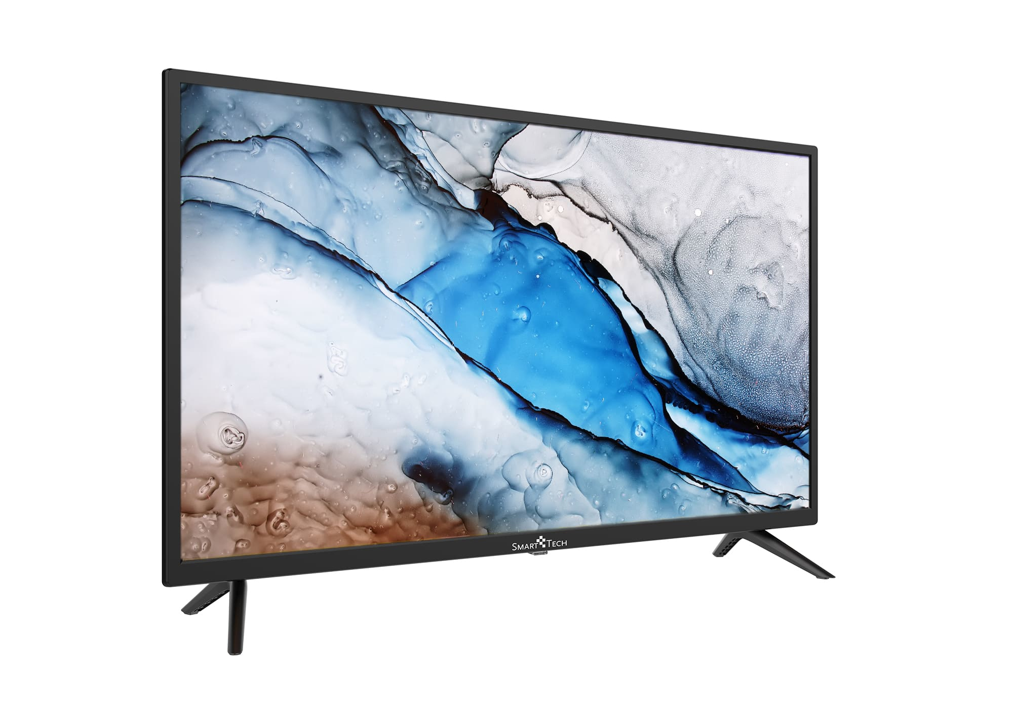 Smart Tech TV che mostra immagine astratta blu e bianca. Cornice e gambe nere.