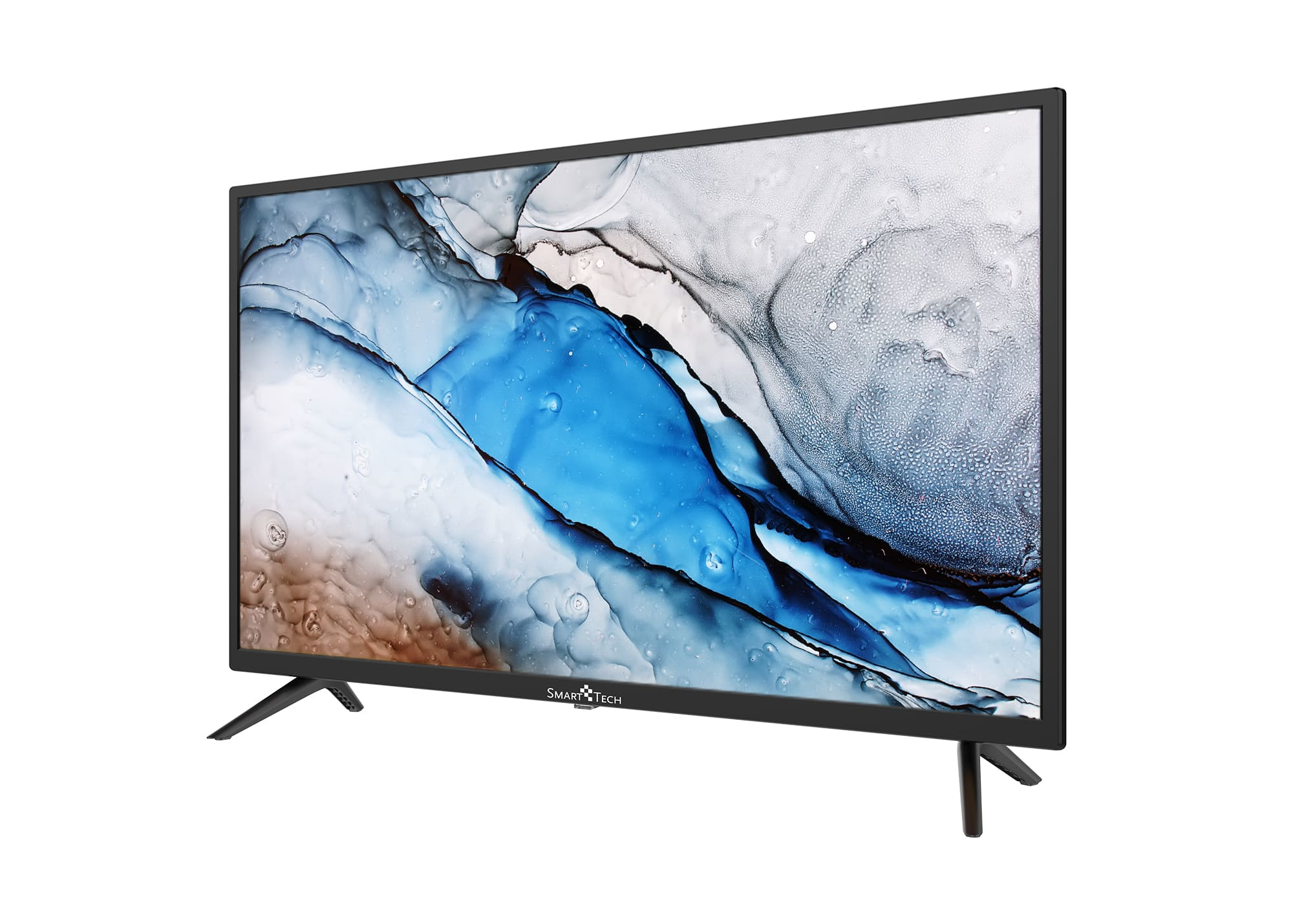 Un televisore Smart Tech nero su sfondo bianco mostra un design astratto blu e grigio sullo schermo.