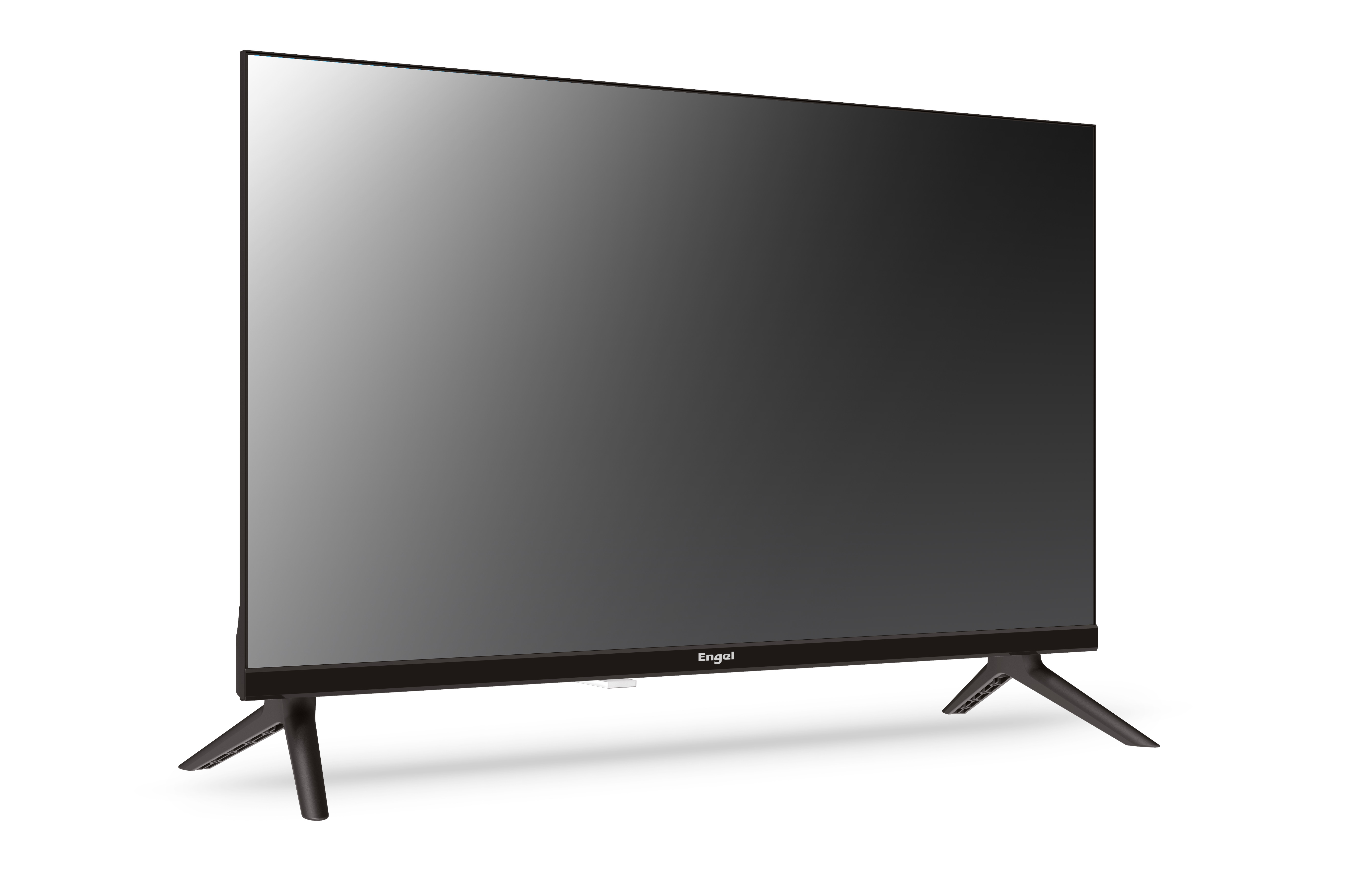 Televisor negro sobre soporte, ligeramente inclinado. La pantalla está oscura y en blanco. Logo de la marca Engel.