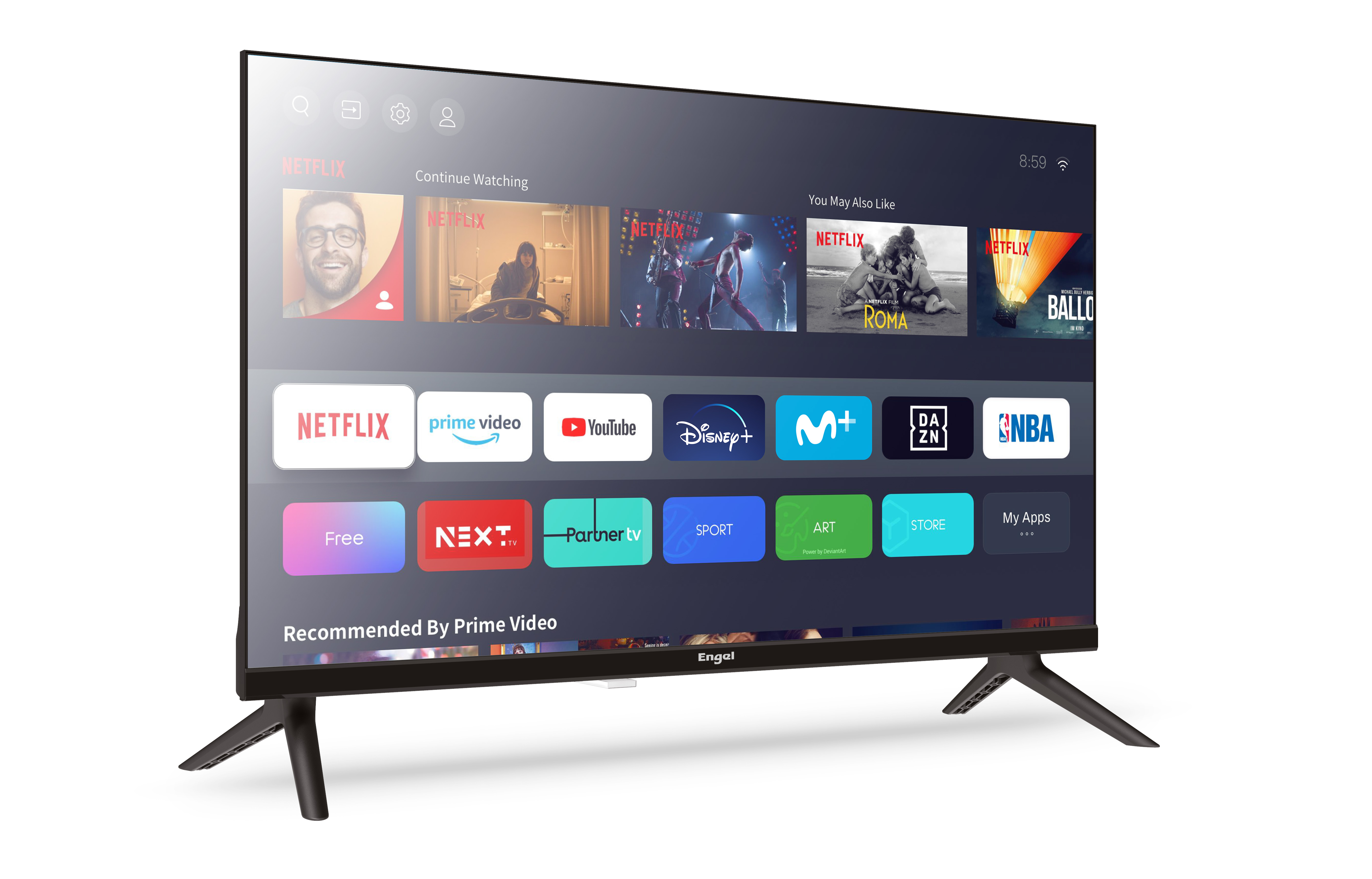Un televisor muestra una interfaz de Smart TV. La pantalla muestra iconos de aplicaciones, incluyendo Netflix, Prime y otros.