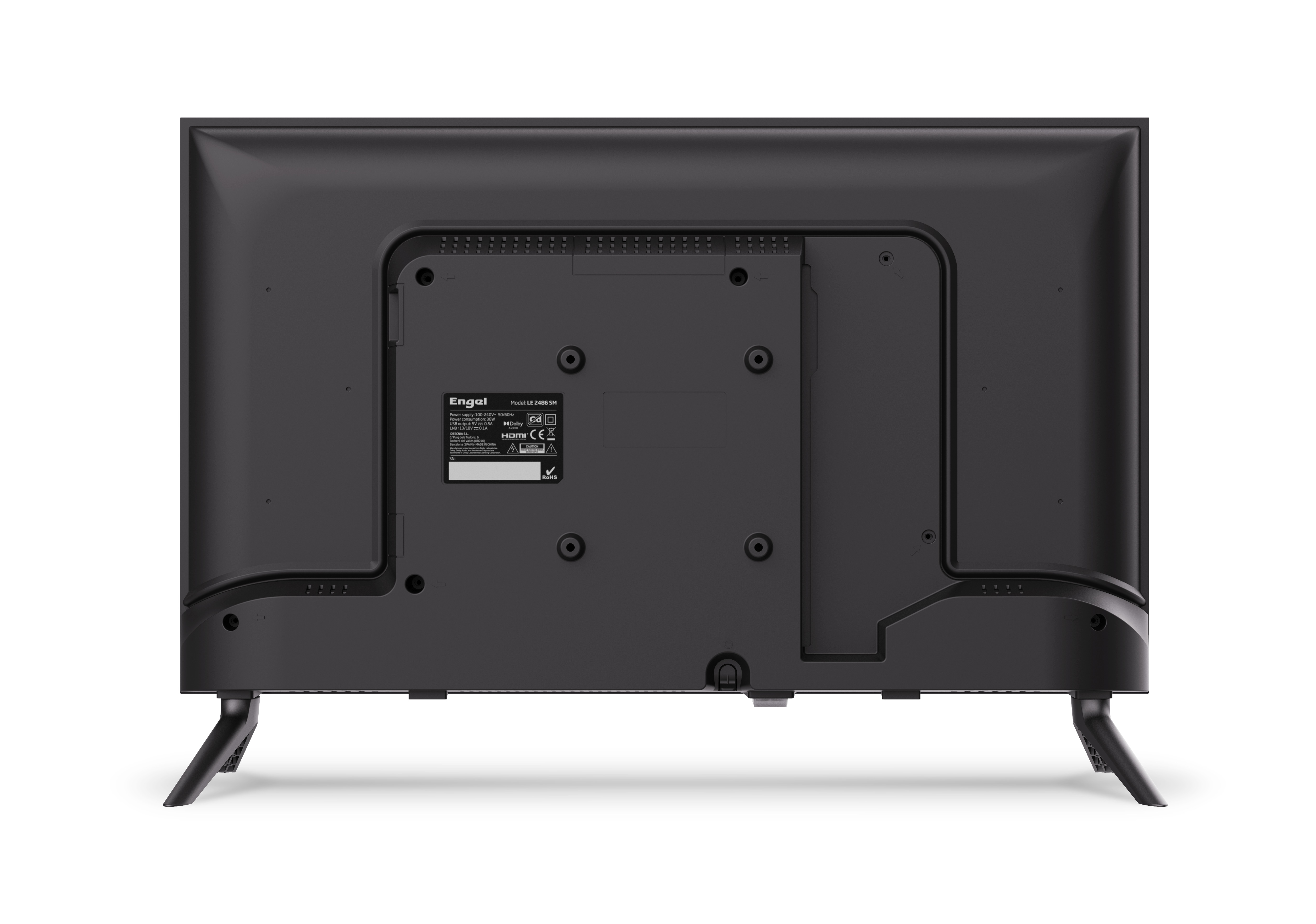 Vista trasera de un televisor Engel negro, con conectores, etiquetas y un soporte visibles.