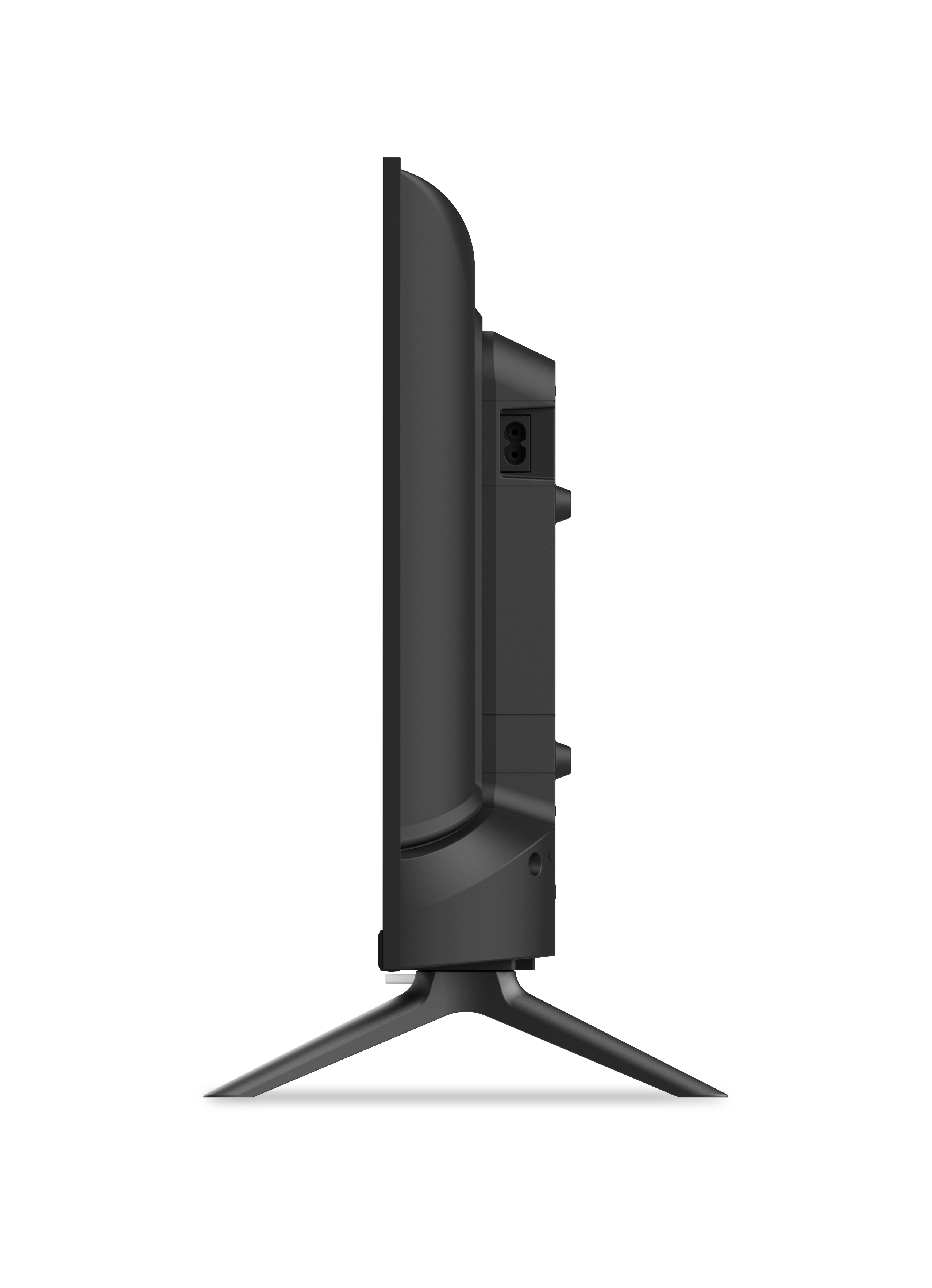 Un televisor negro desde un lado, mostrando el perfil lateral con el soporte y los puertos.