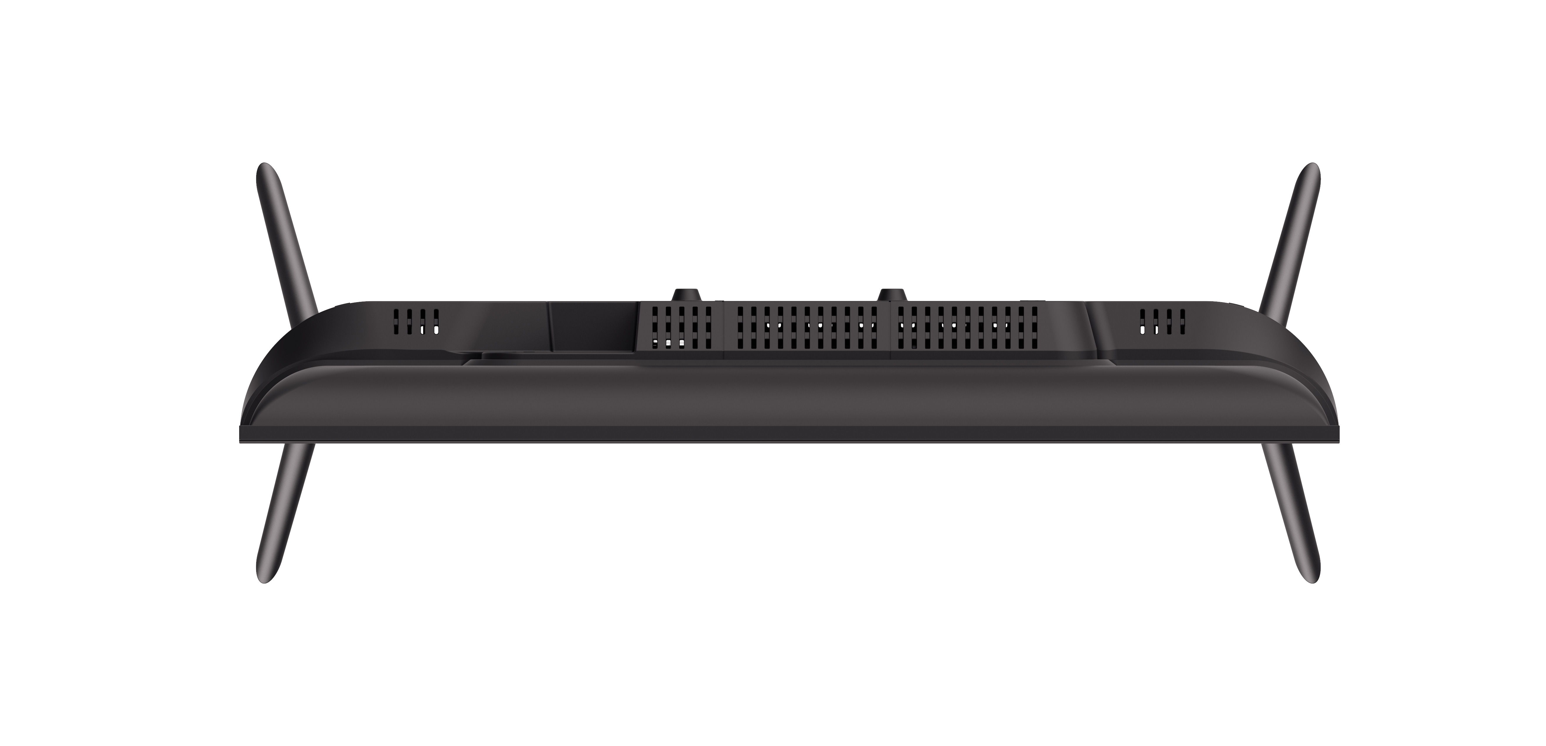 Vista superior de un televisor negro con dos antenas que se extienden hacia arriba y pequeñas ventilaciones.