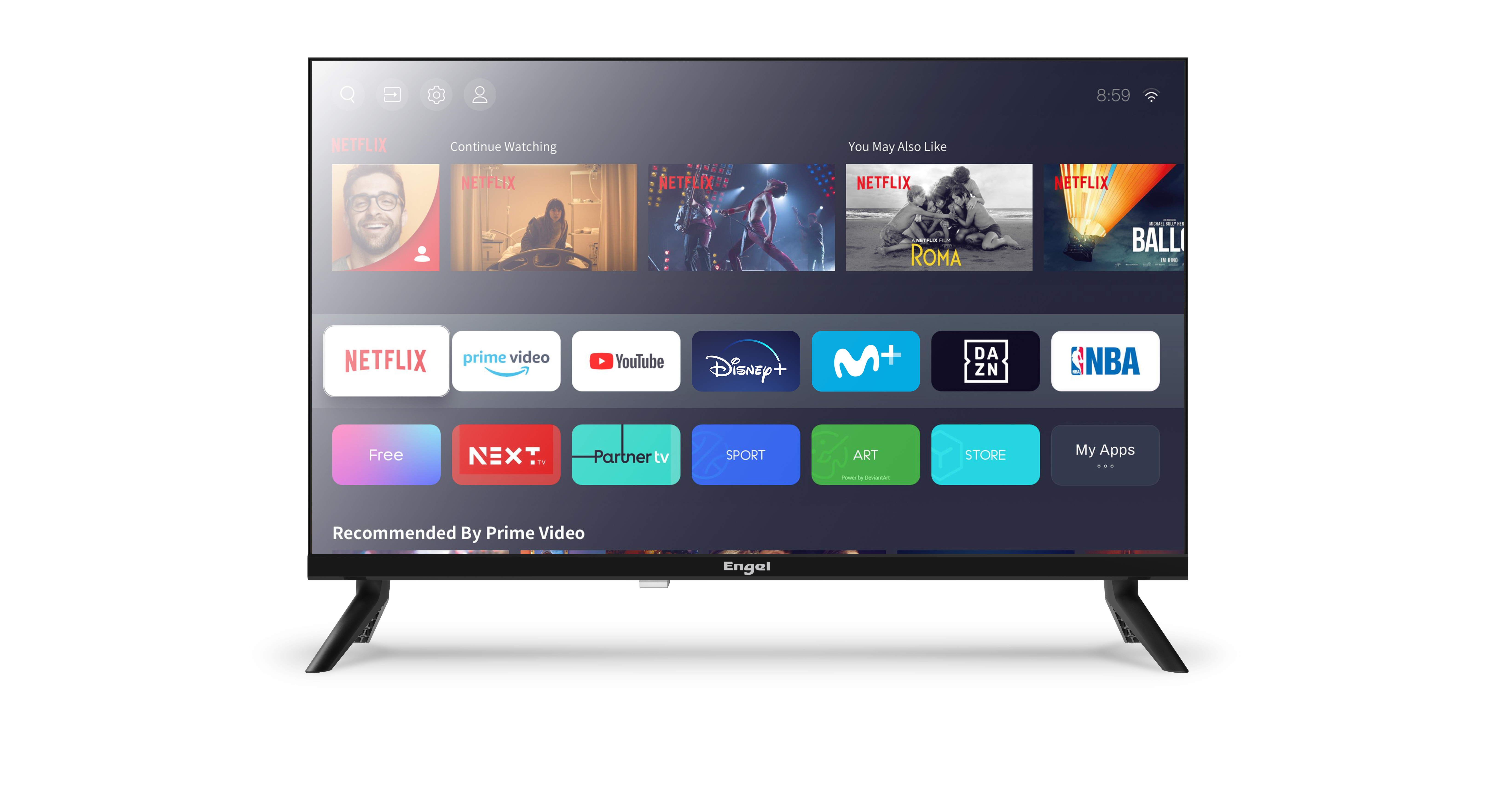Un televisor de pantalla plana grande muestra una interfaz de Smart TV sobre fondo blanco.