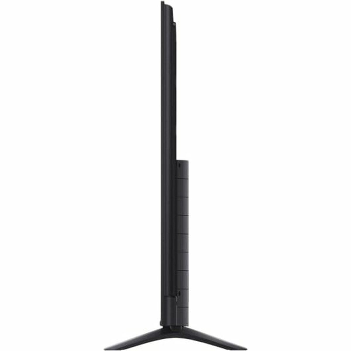 Widok z boku czarnego telewizora z pojedynczym stojakiem. Białe tło.