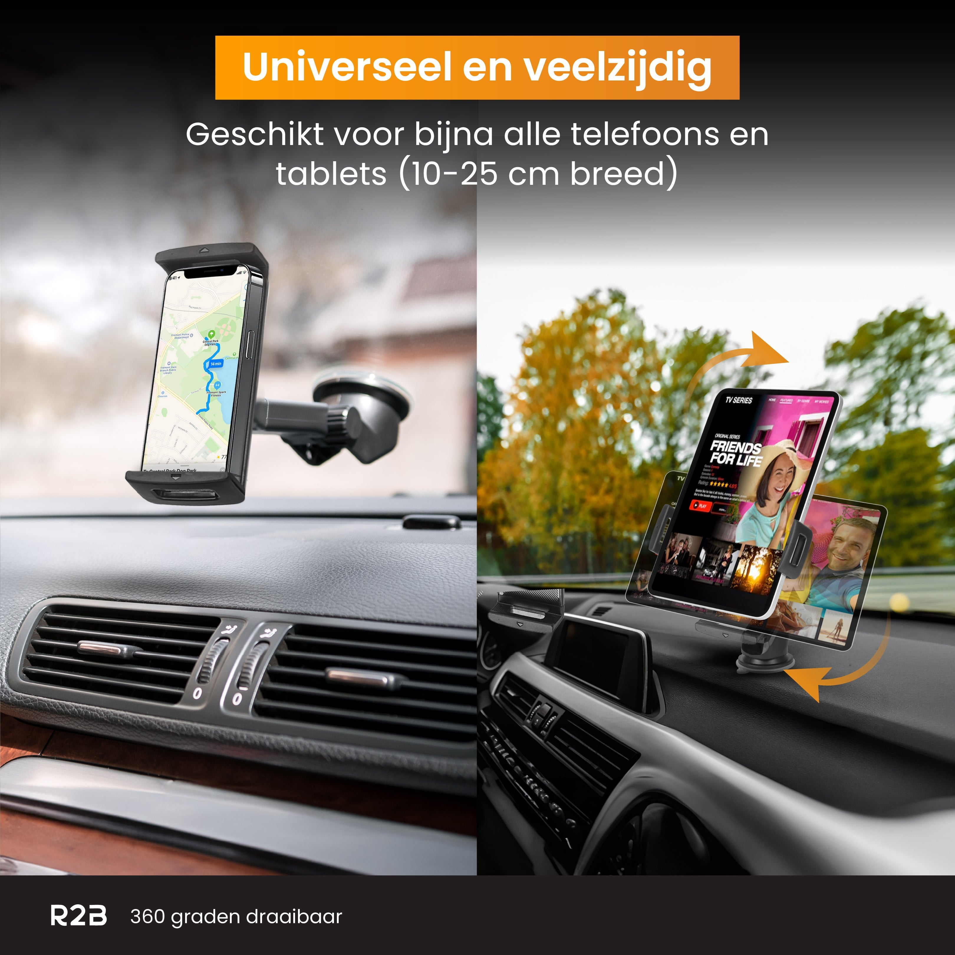 Telefoon en tablet in houders, dashboard. Tekst: Universeel en veelzijdig. Donkere achtergrond.