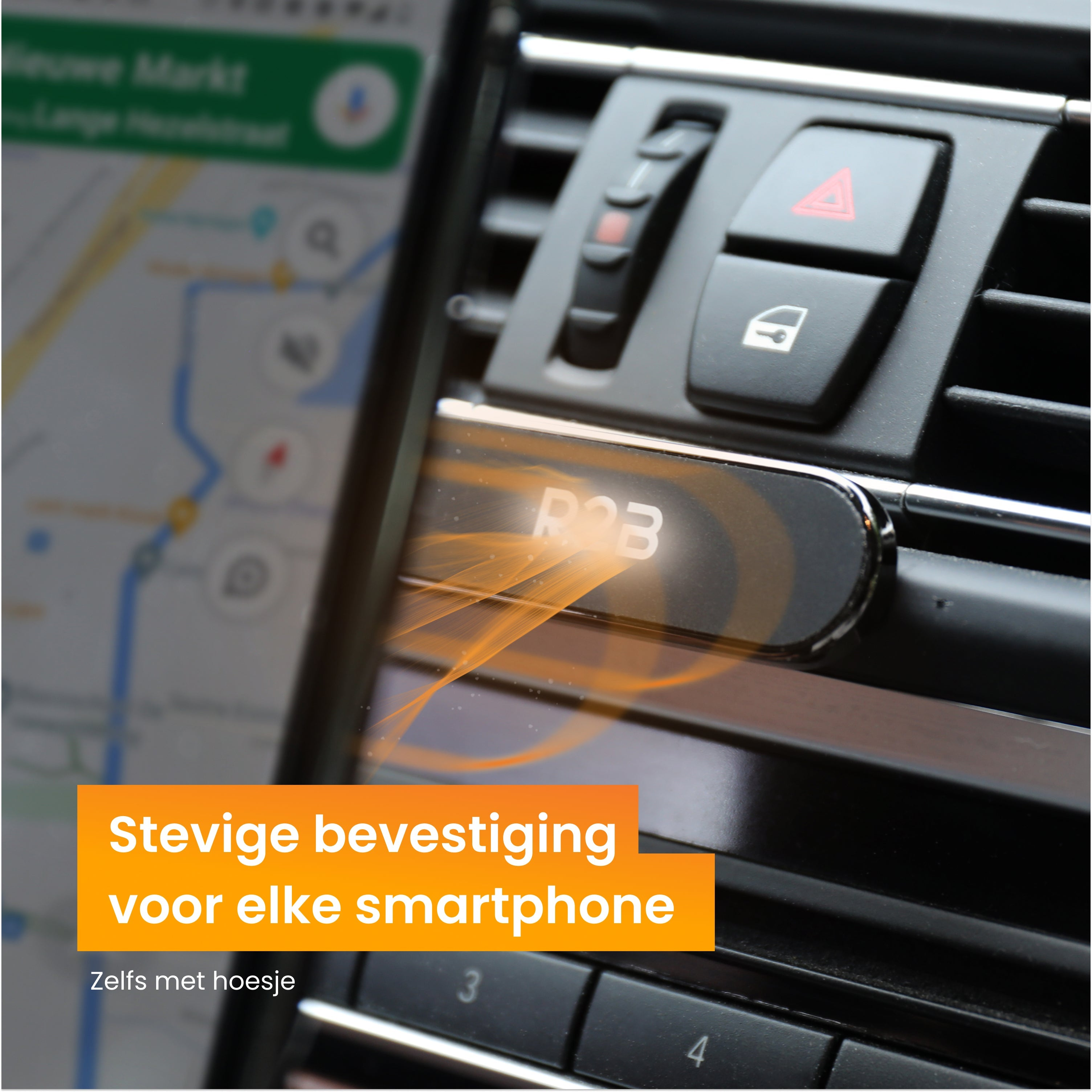 Intérieur de voiture avec un téléphone sur un support. Texte : 'Stevige bevestiging voor elke smartphone'.