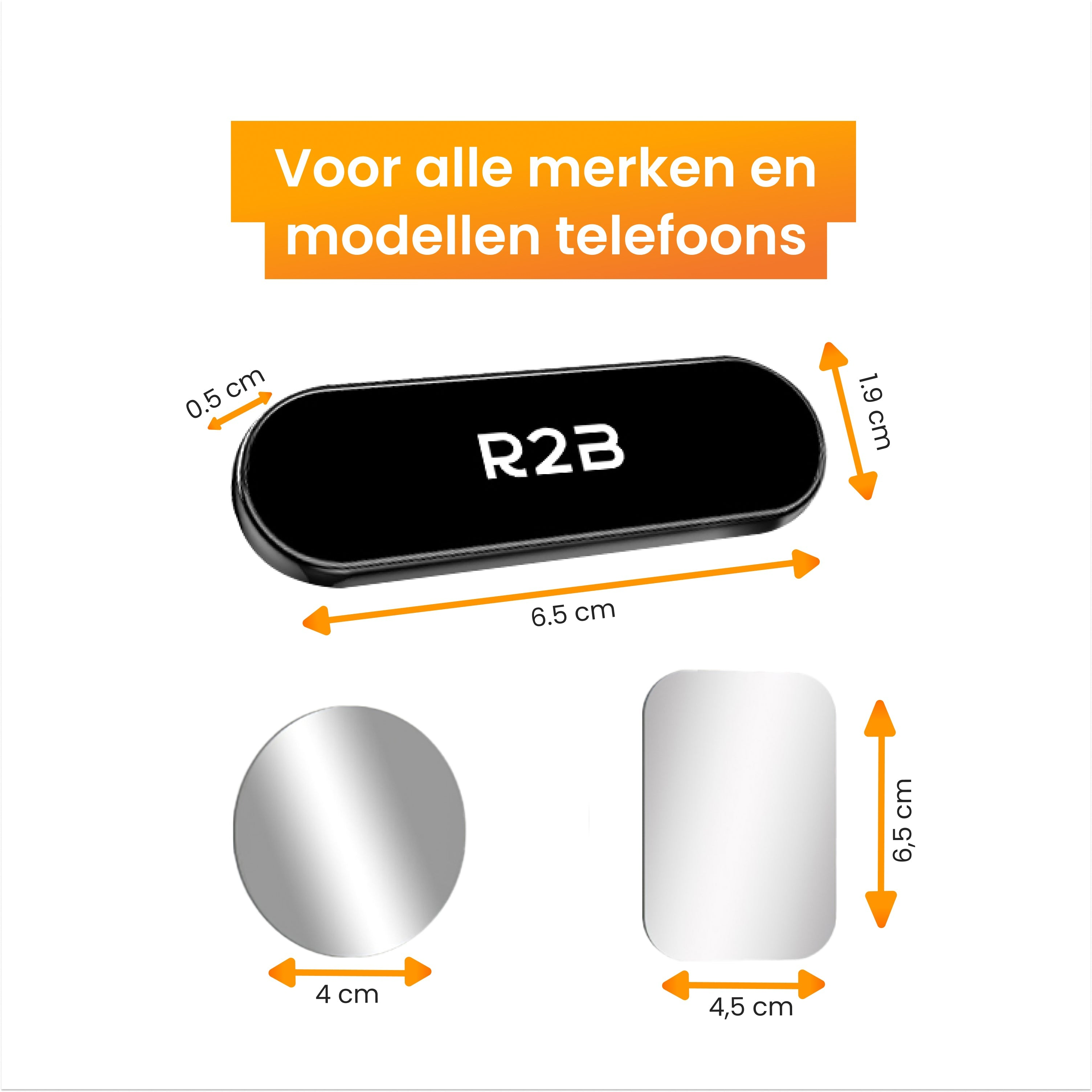 Support de téléphone noir avec mesures et texte en néerlandais.