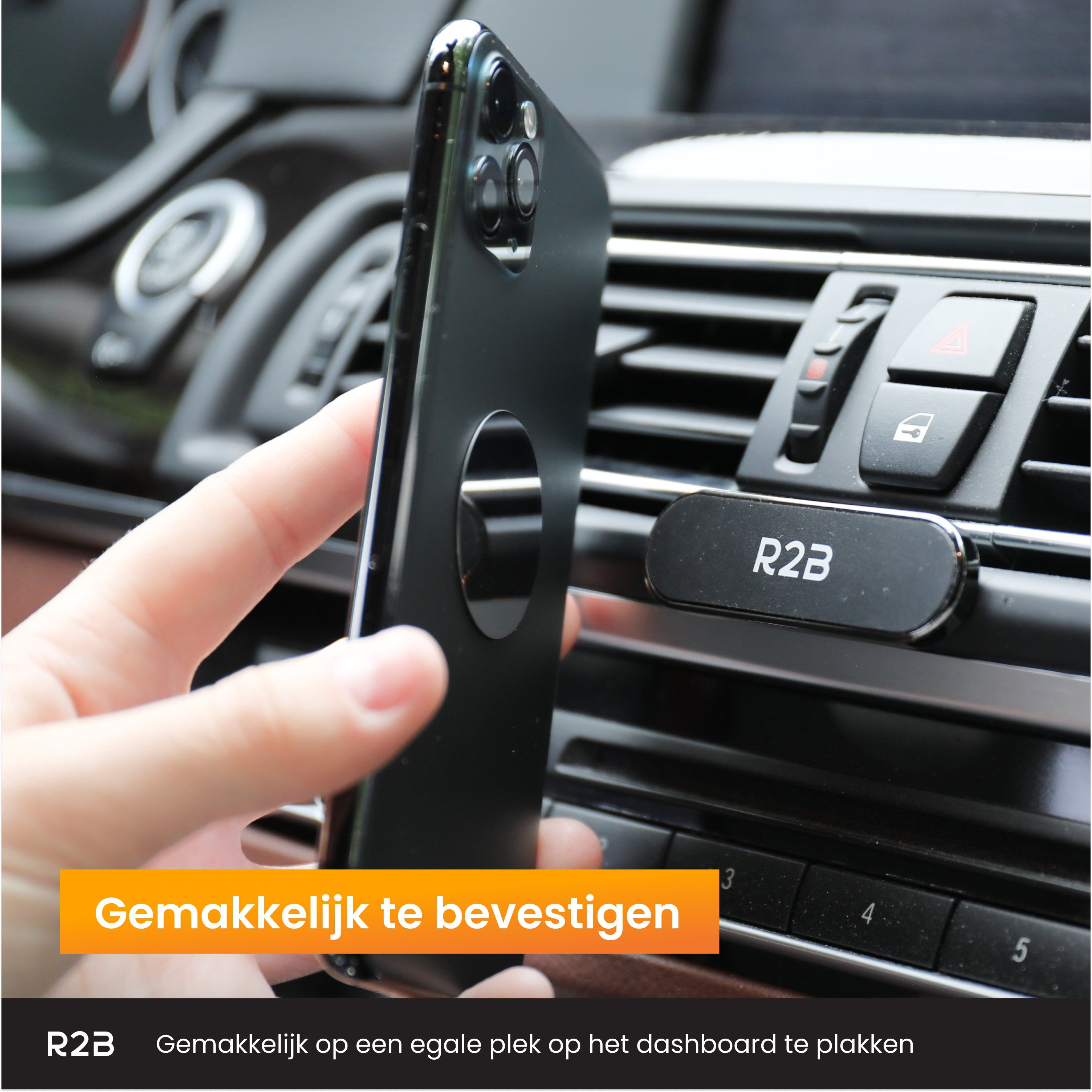 Main avec téléphone fixé à un support de voiture magnétique. Texte : 'Facile à installer'.