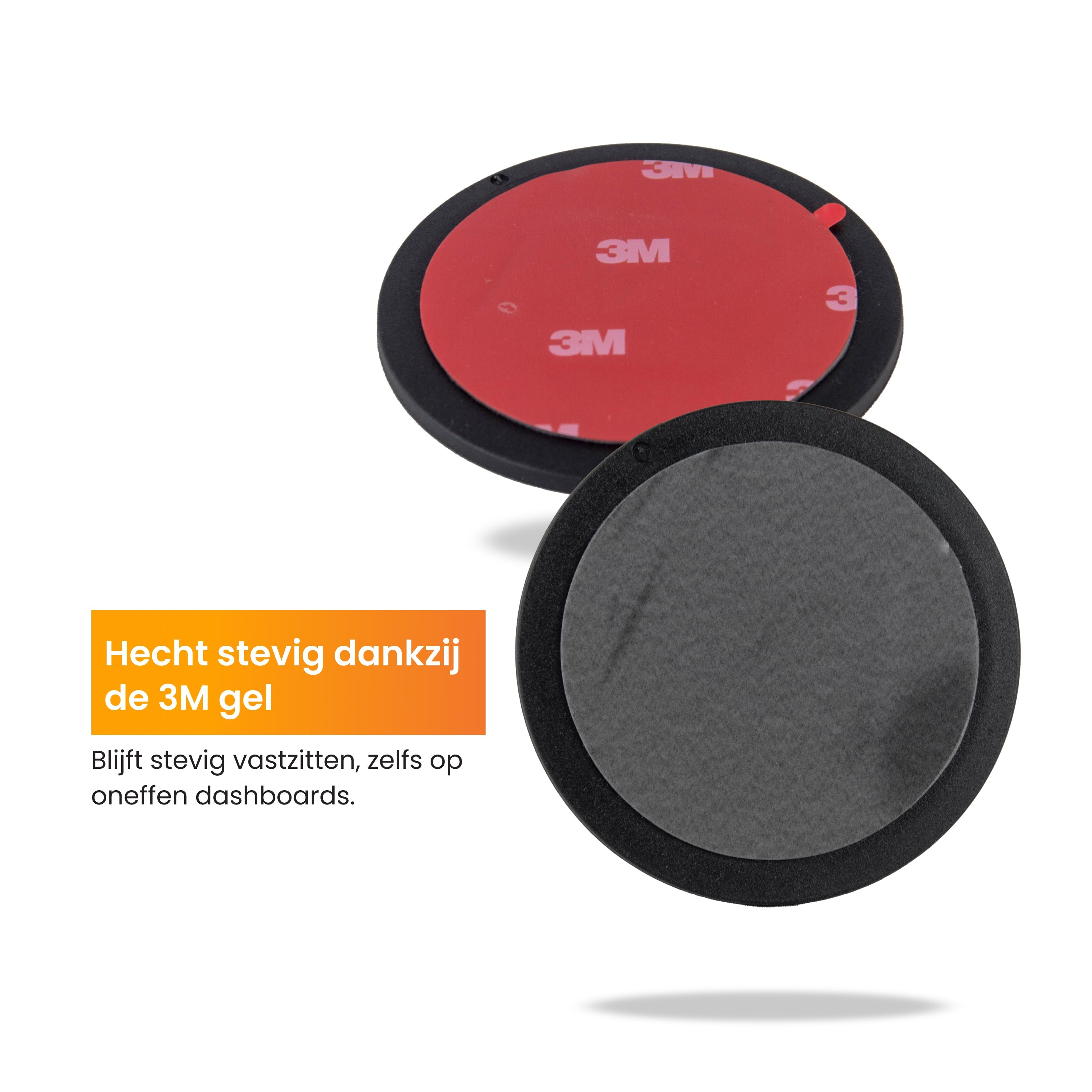Twee zwarte, ronde zelfklevende pads met tekst over de sterke hechting van de 3M gel.