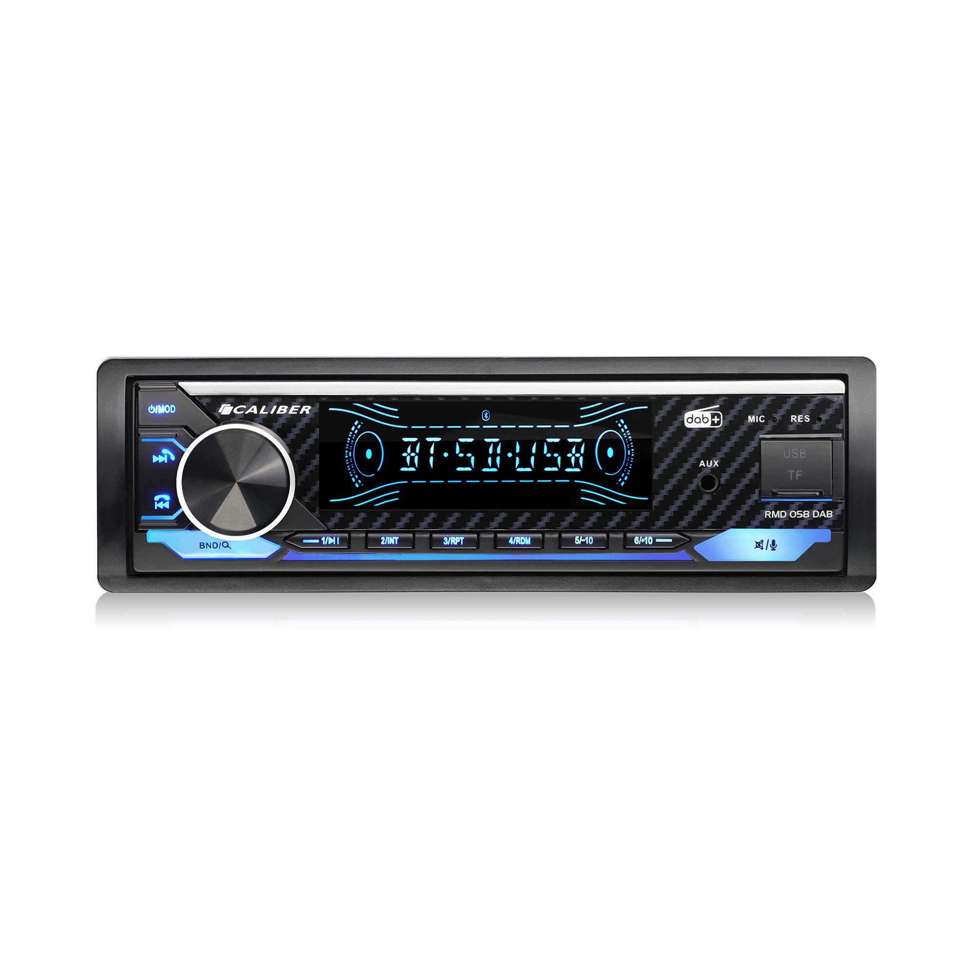 Autoradio mit Display, Tasten und Knöpfen. Schwarz und blau.