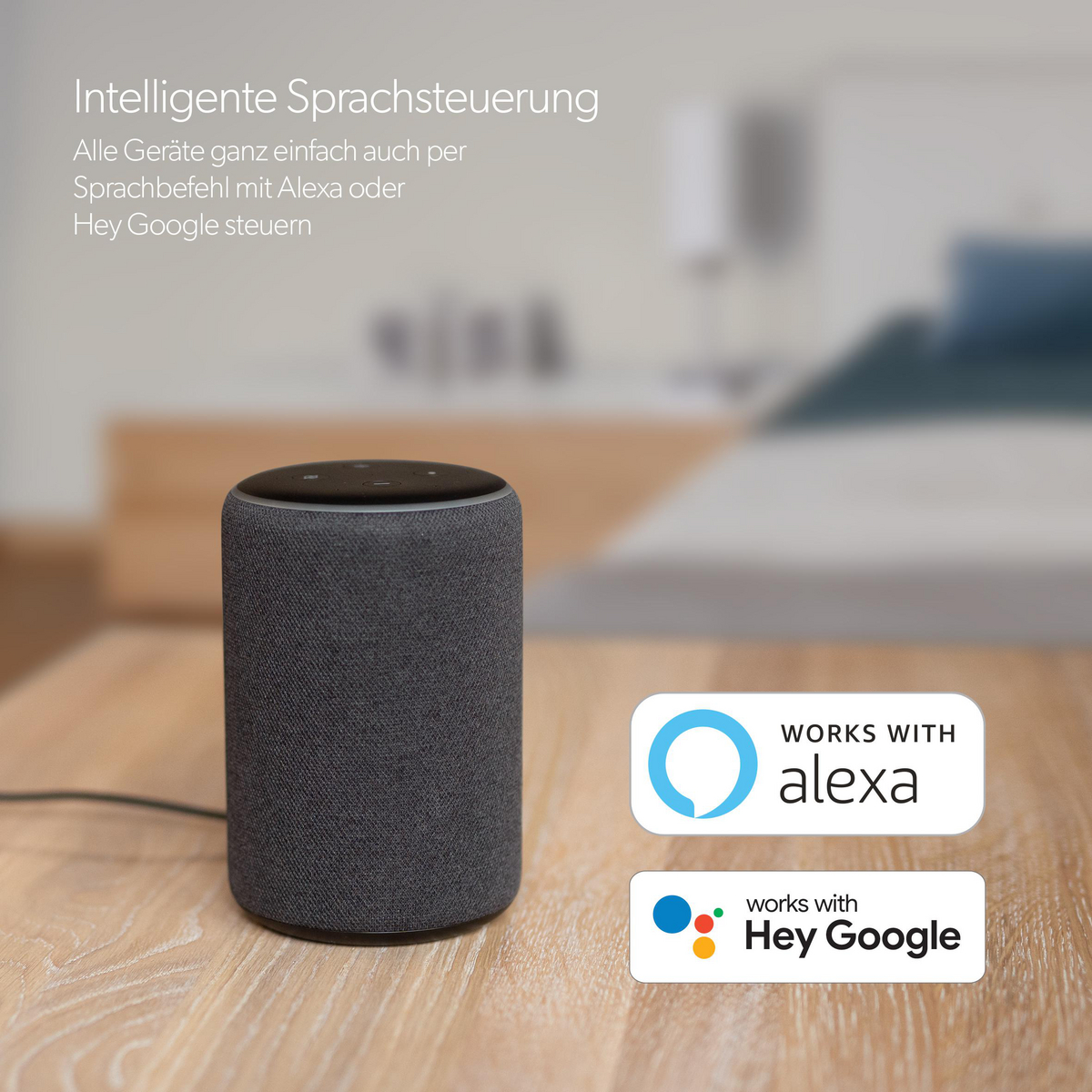 Ein schwarzer Lautsprecher mit grauem Mesh und Text: „Works with Alexa“ und „Hey Google“.