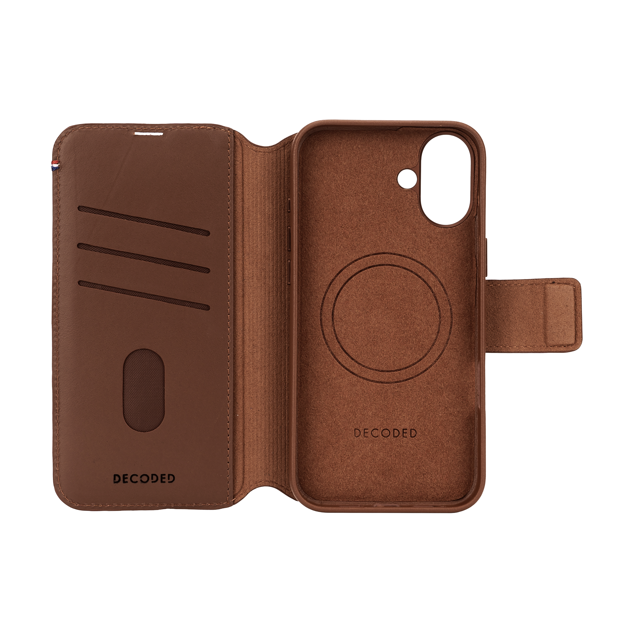Étui de téléphone marron, ouvert, révélant l'intérieur avec des fentes pour cartes et un cercle. Logo Decoded visible.